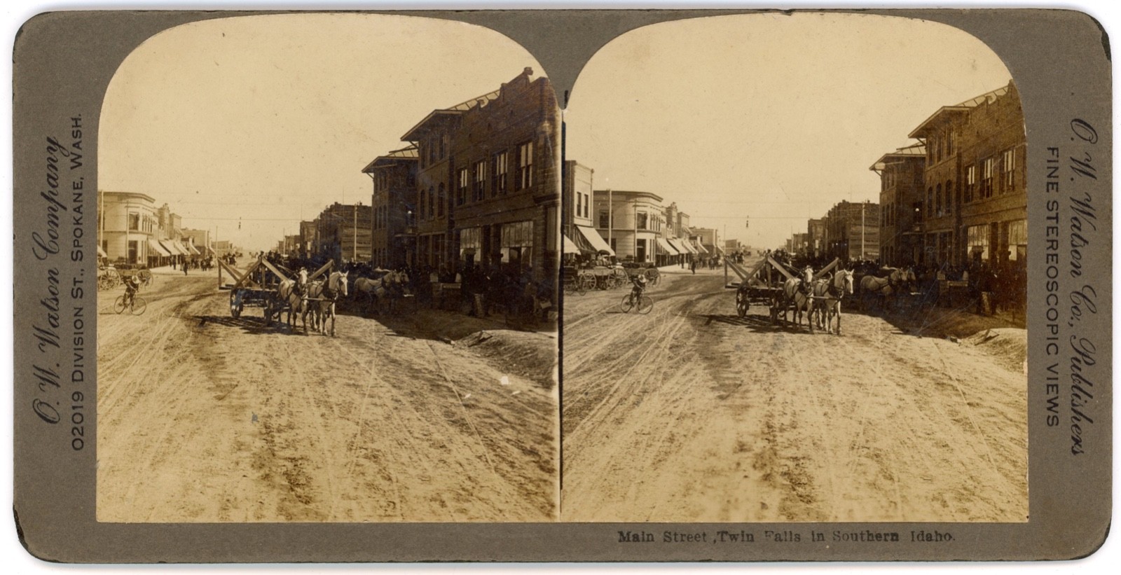 Twin Falls Idaho Main Street c1910 Stereoview by O.H. Watson, Carriages Bicycles
