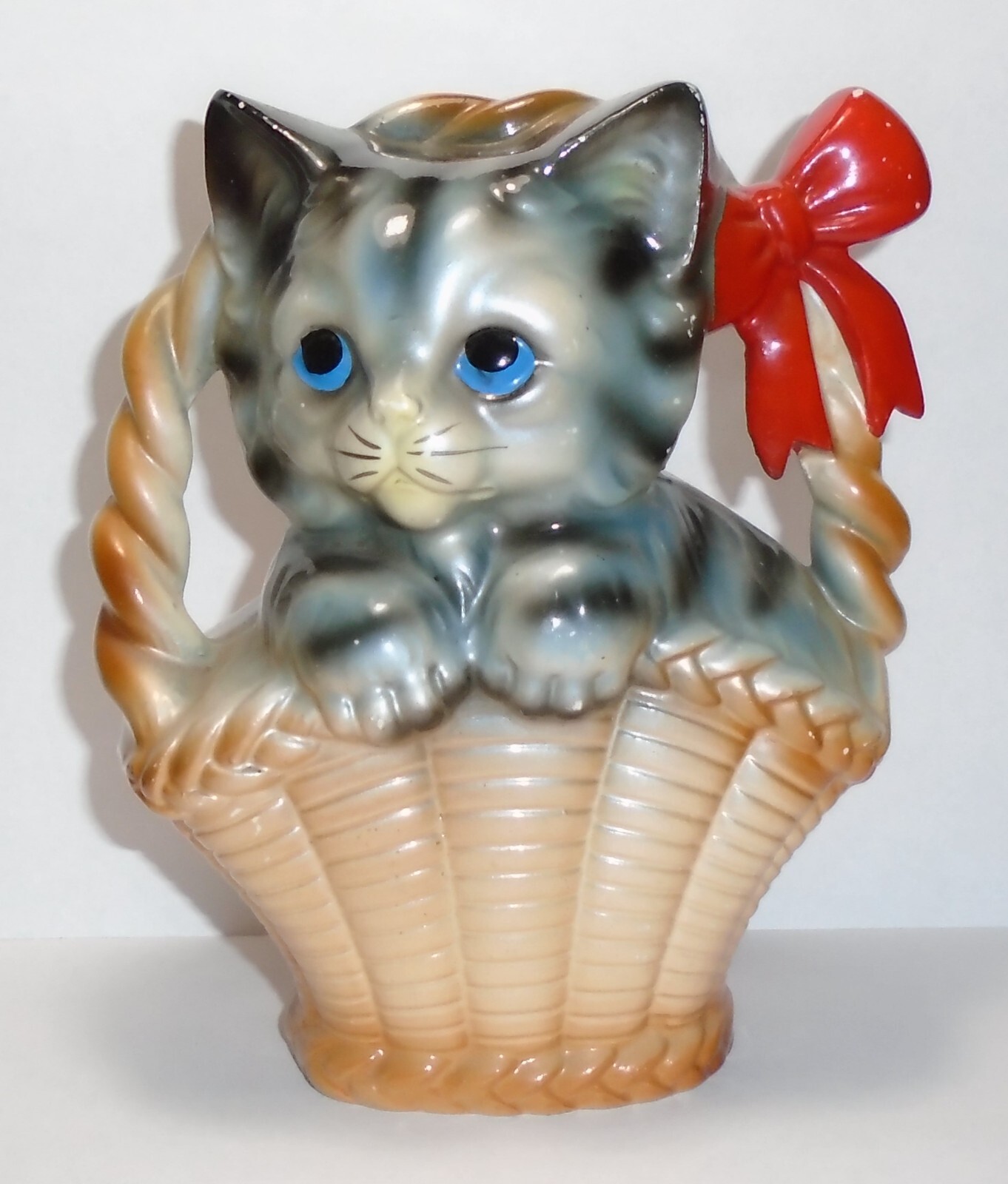 Vintage Ceramic Cat Kitten in a Basket Piggy Bank Made in Japan
