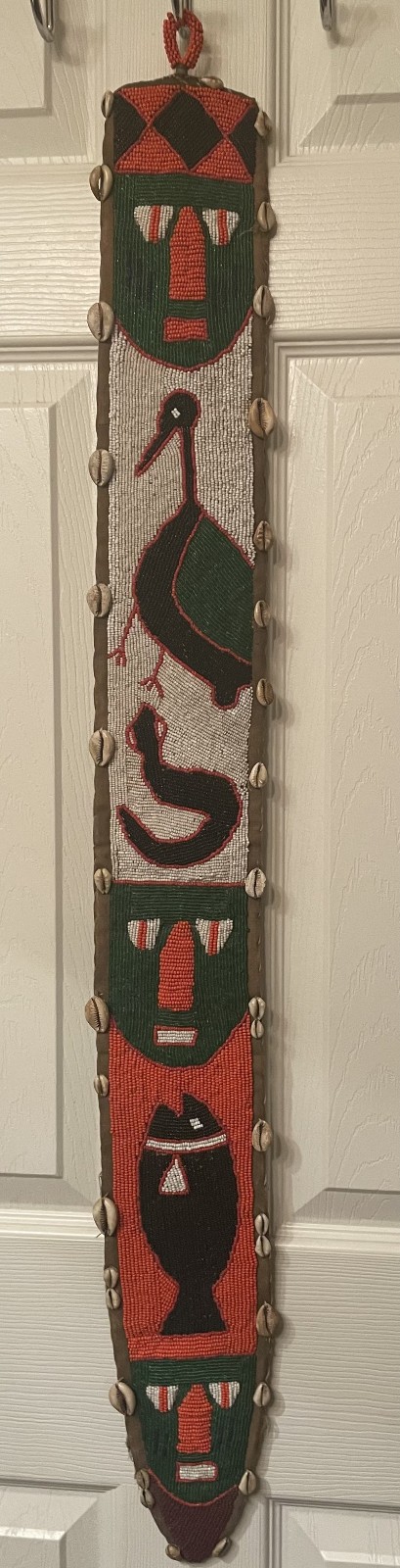 Antique Nigerian Yoruba Beaded Diviner Sash Wall Hanging Fish, Snake, Bird Motif