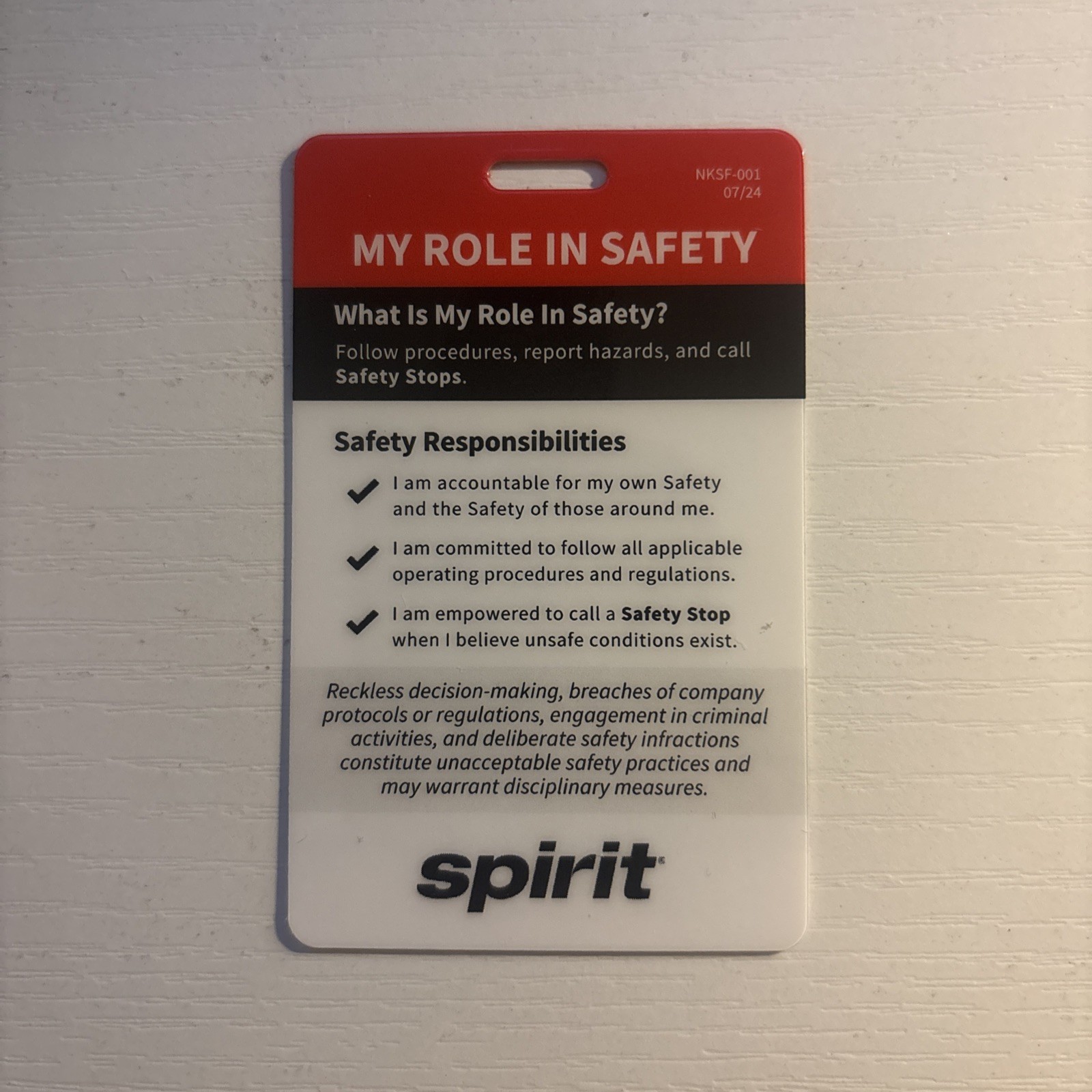 Spirit Airlines Employee Safety Badge Card NKSF-001 07/24 Aviation Memorabilia