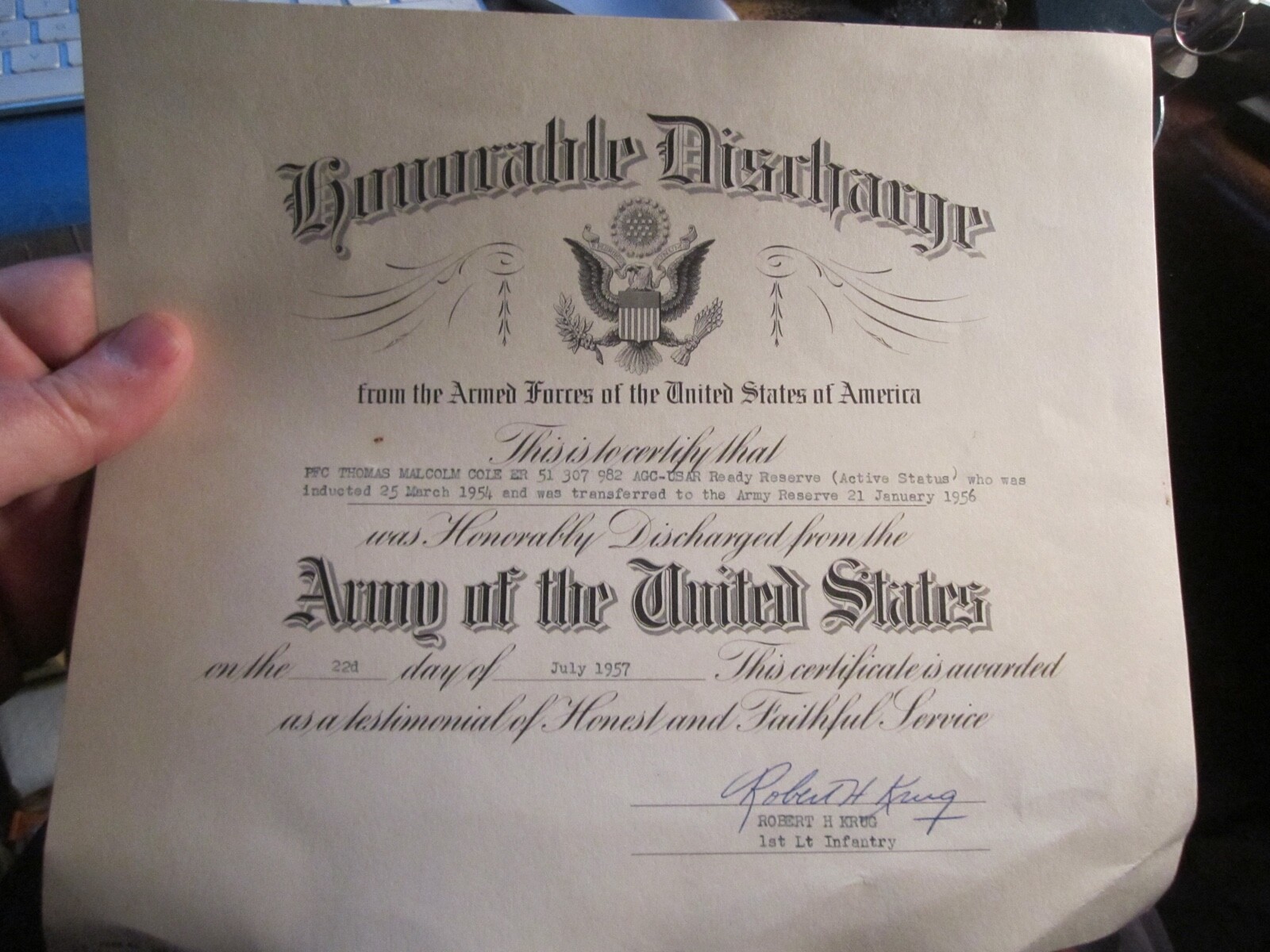 1956 ARMED FORCES OF THE UNITED STATES HONORABLE DISCHARGE CERTIFICATE  BBA23C