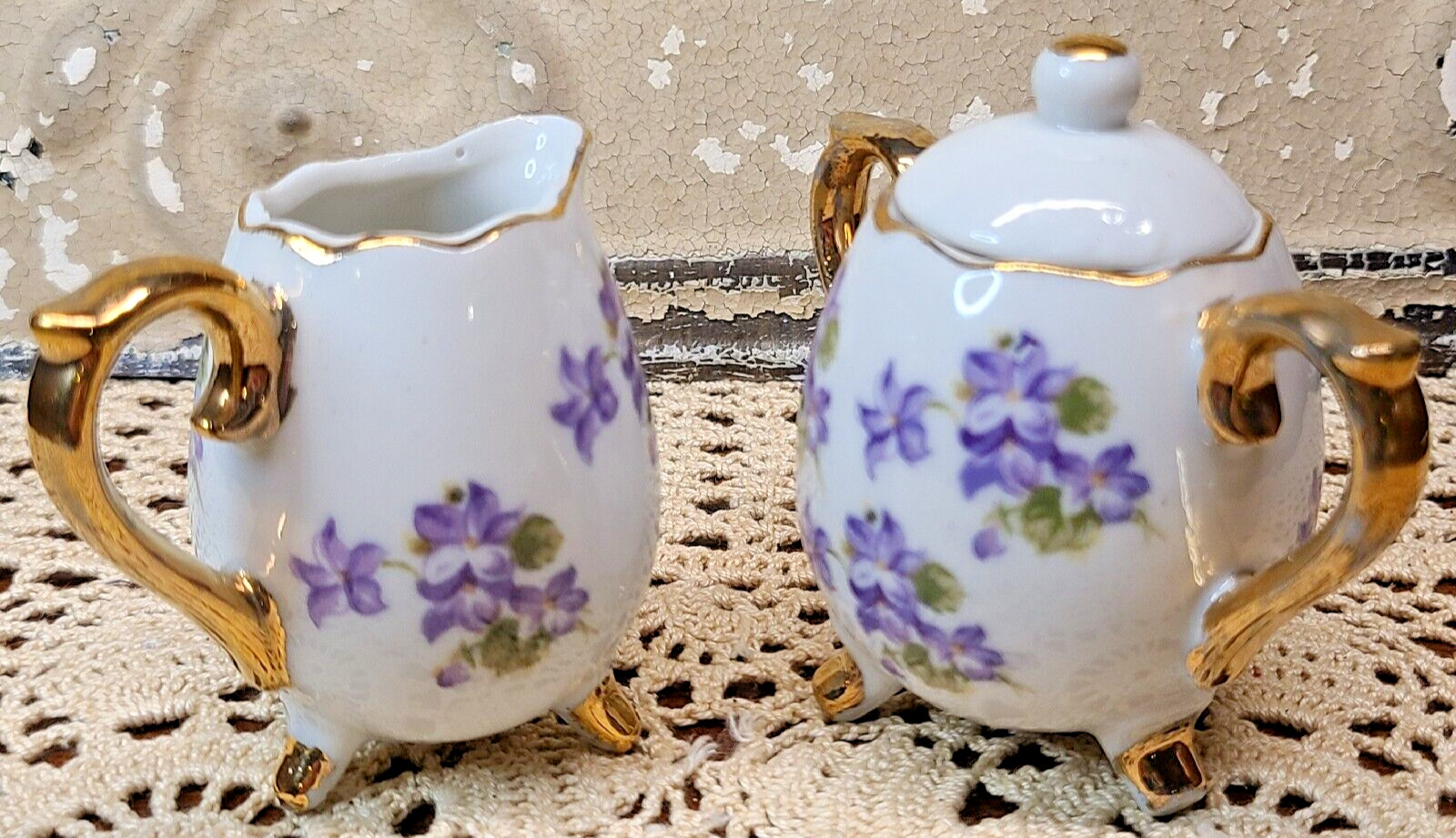 Vtg. Enesco Imports Japan Mini Set of Porcelain Footed Creamer & Sugar Bowl