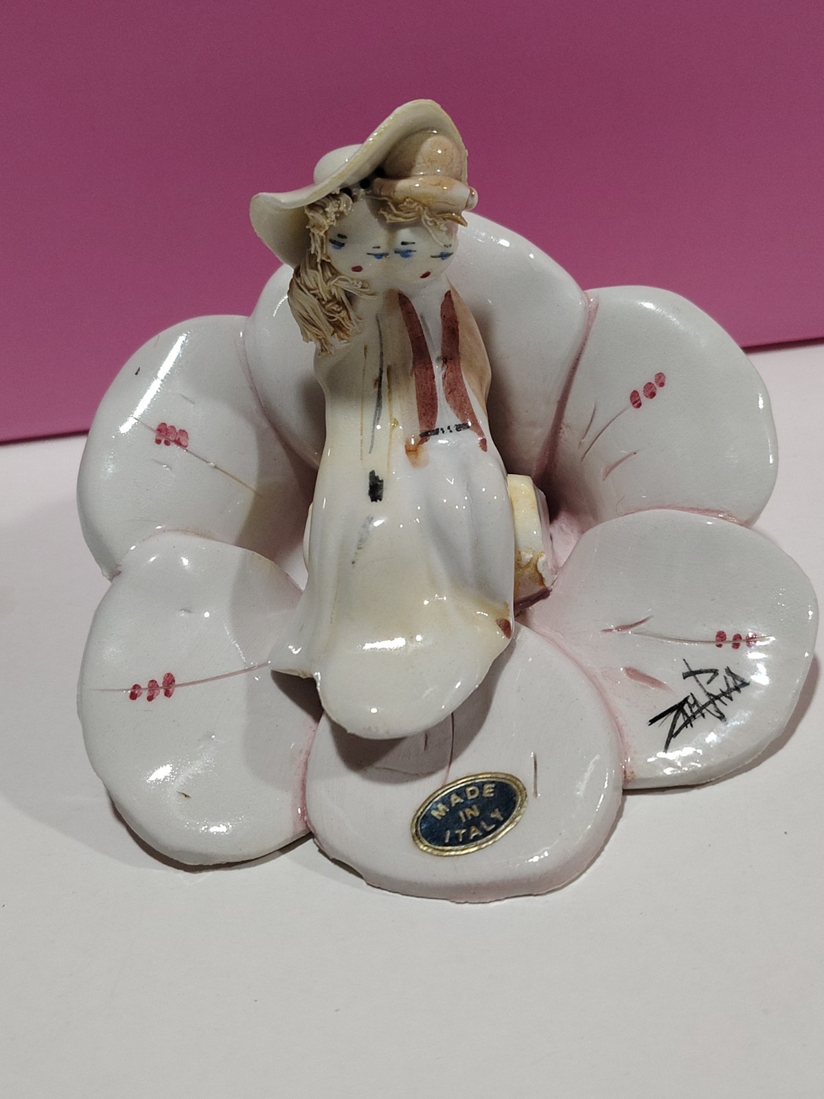 Lino Zampiva Italian Spaghetti Hair Couple in Flower Figurine Signed 