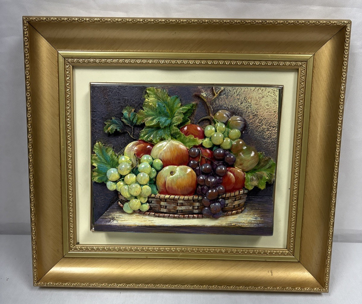 Vtg Gold Framed 3 D Hand Painted Polystone Fruit Basket Wall Plaque 13” X 15”