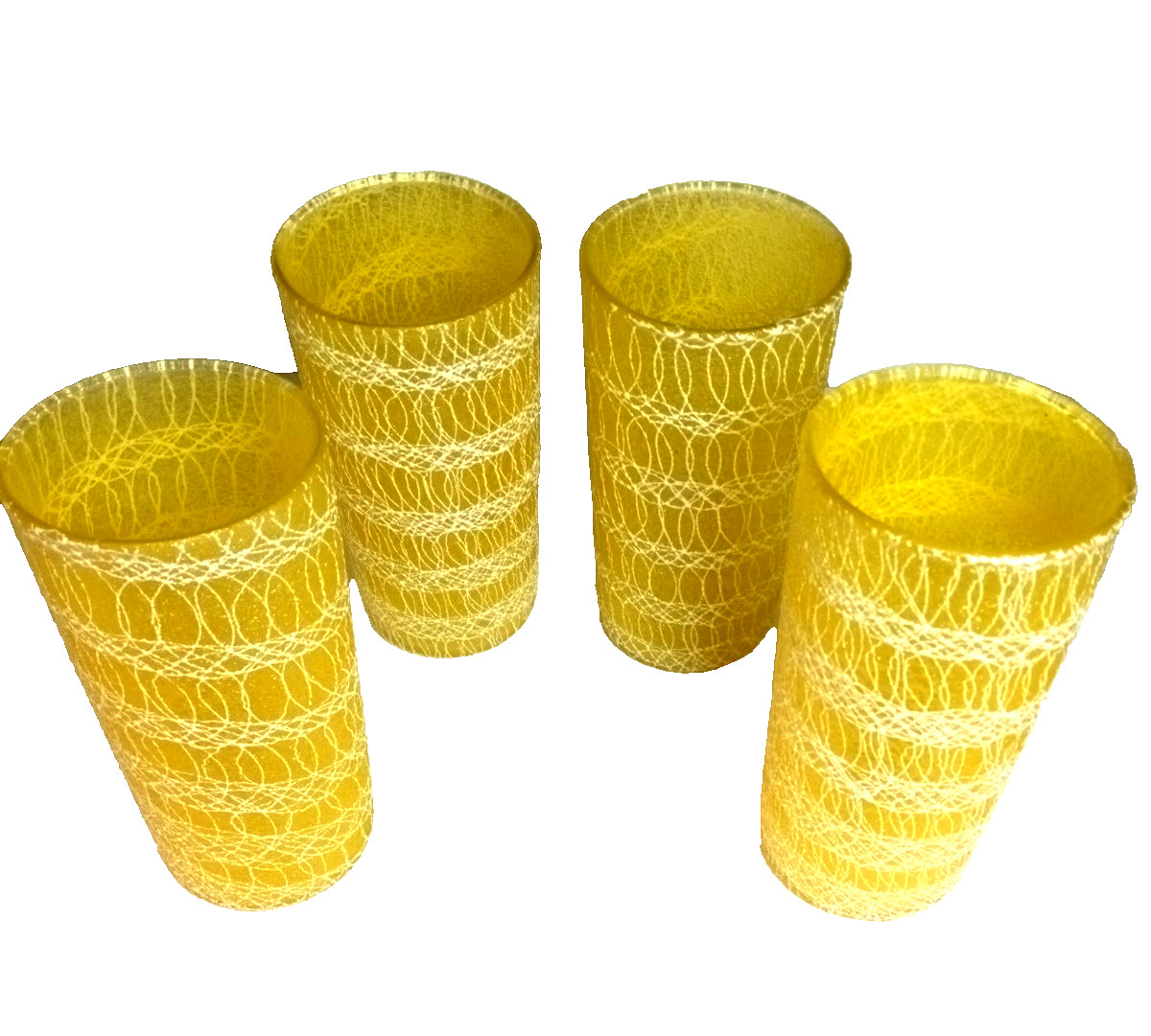 4Hazel Atlas Spaghetti Drinking Glasses Rubberized Yellow MCM 5.5 4Hazel Atlas Spaghetti Drinking Glasses Rubberized Yellow MCM 5.5