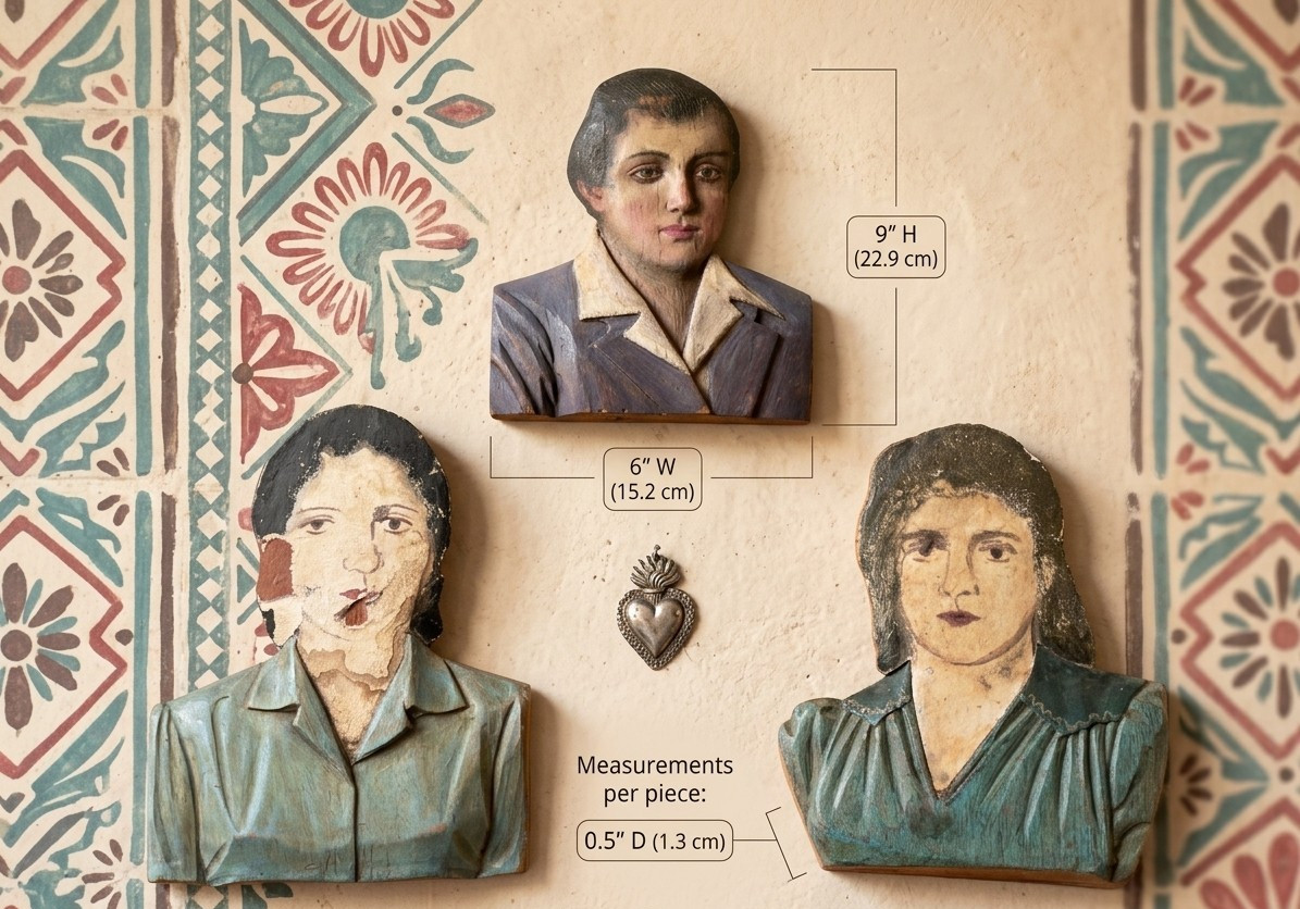 Mexican Fotoescultura Set of 3 Carved Wood Photo Portraits 1940s 9 in