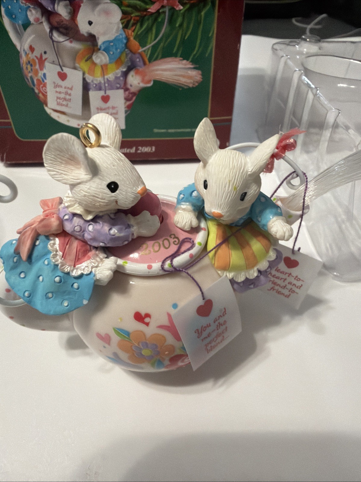 2003 Carlton Cards Christmas Ornament Friend Teapot Mice Tea Lighted Fiber Optic