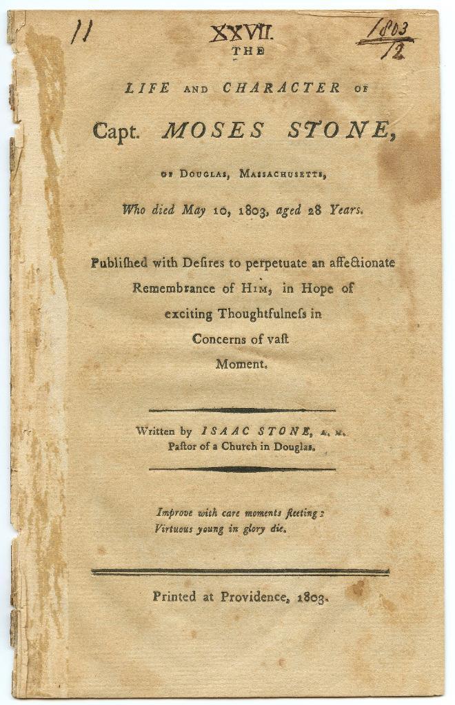 Captain Moses Stone Memorial Life 1803 Funeral Booklet Providence RI Douglas MA