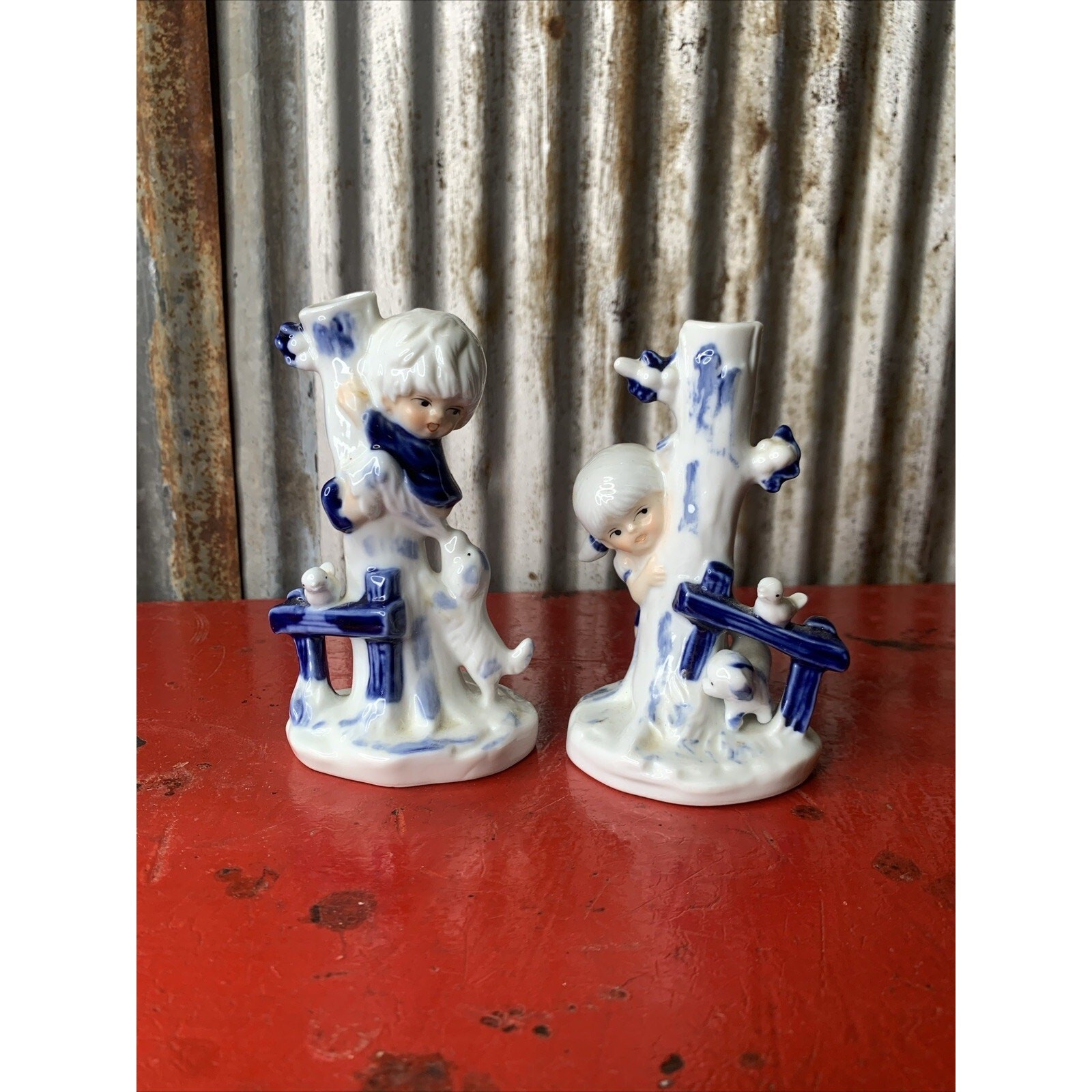 Delft Blue Bud Vase Boy And Girl Puppies + Birds. Delft Blue Bud Vase Boy And Girl Puppies + Birds.