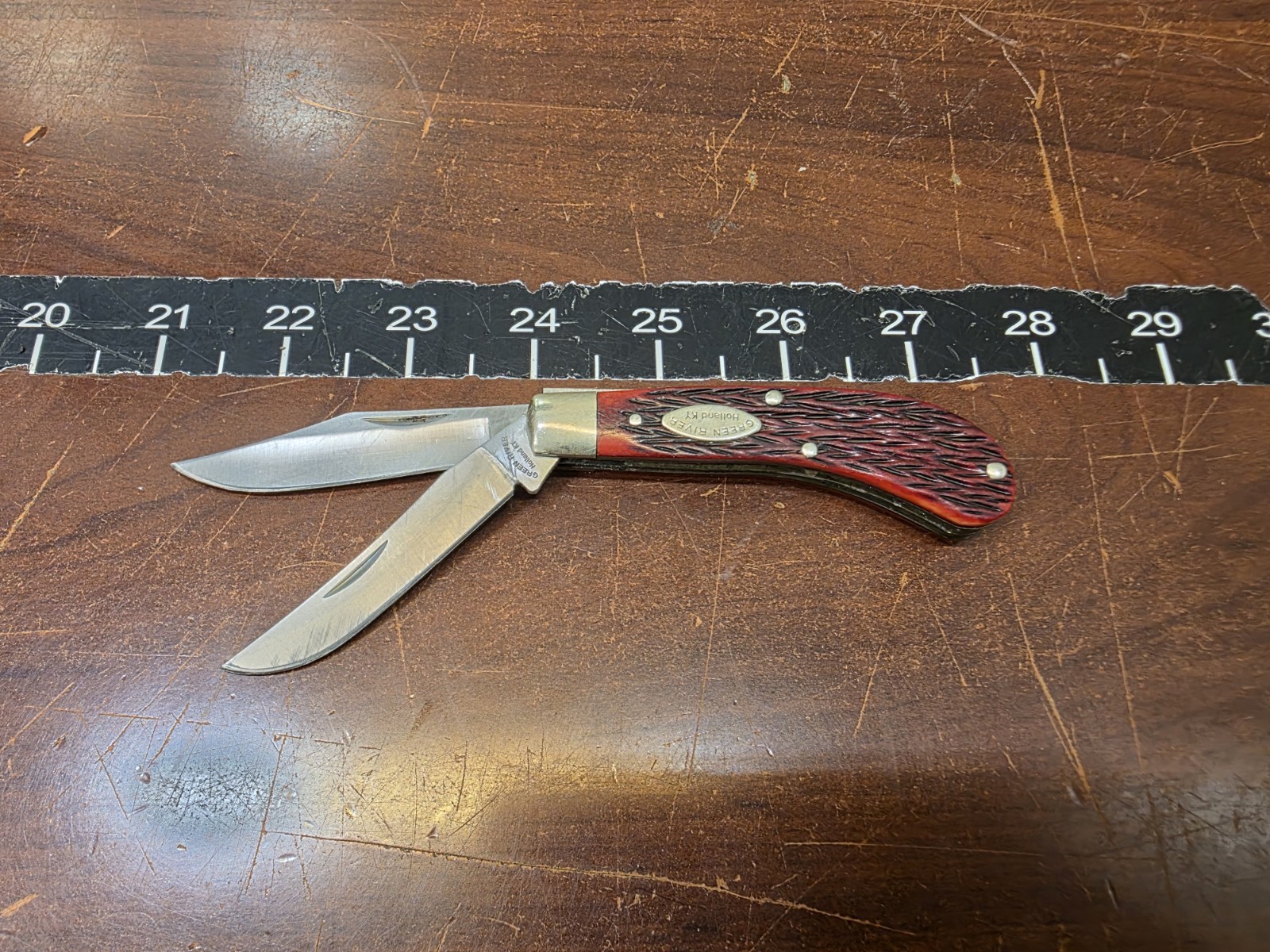 Green River Holland KY USA Genuine Stag 2 Blade Saddle Horn Trapper Knife