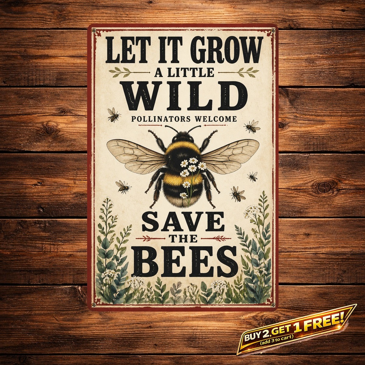 Vintage Bee and Wildflower Tin Sign Pardon Our Garden Wall Decor