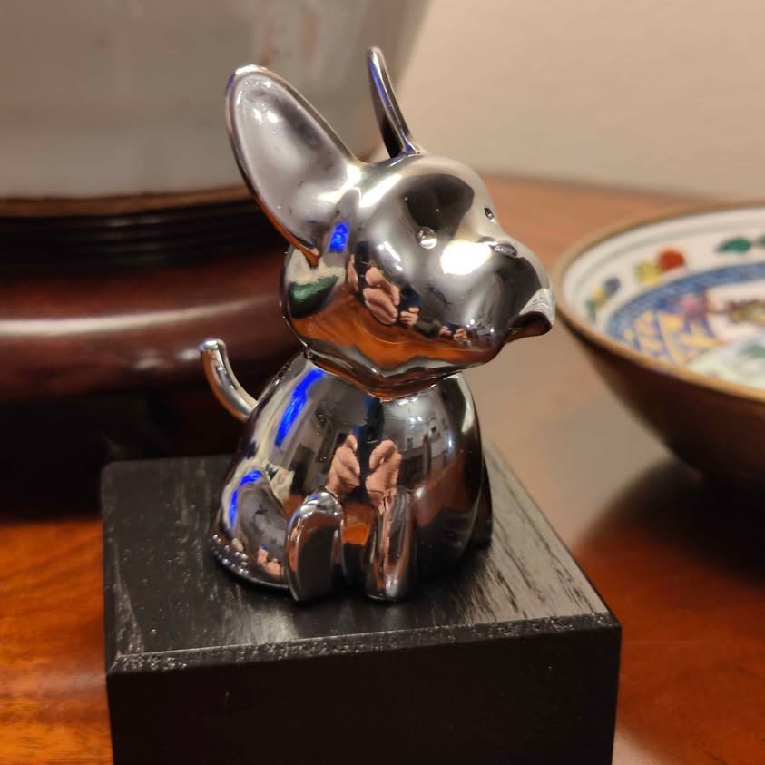 Chrome Metallic French Bulldog Statue on Ebonized Oak Base