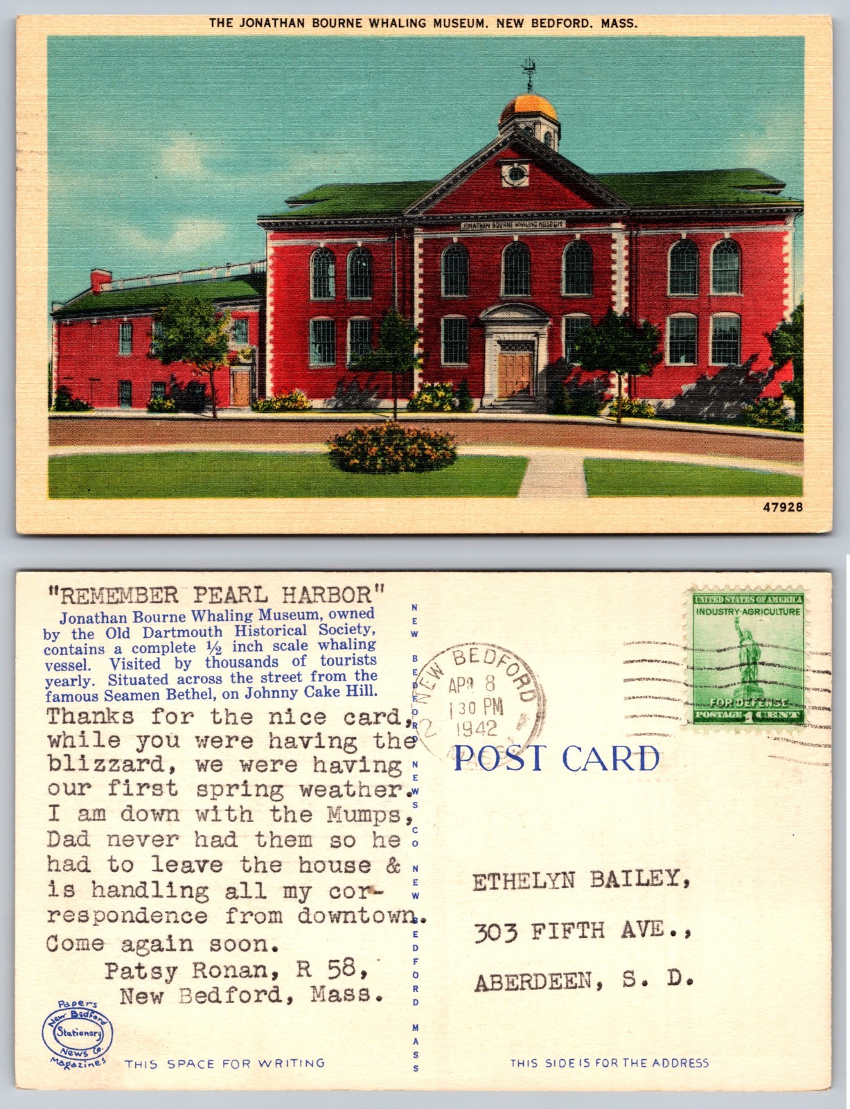 Jonathan Bourne Whaling Museum New Bedford Mass Postcard