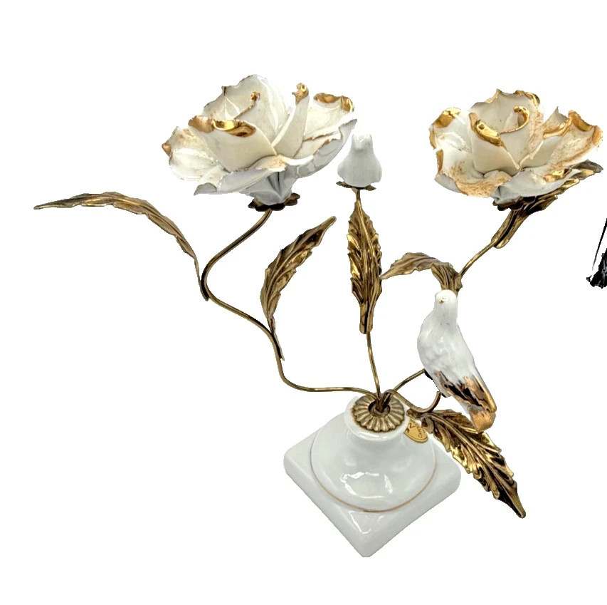 Vintage Capodimonte Porcelain 2 Birds 2 Flowers Sculpture Crown N Italy Gold