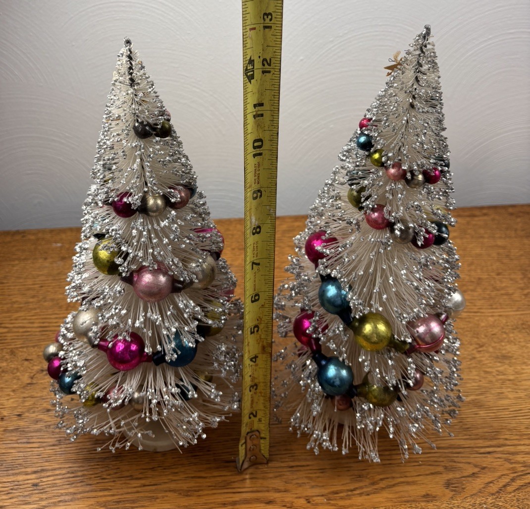  Vtg Pair Silver Bottle Brush Christmas Tree Mercury Glass Ornament Garland 13”