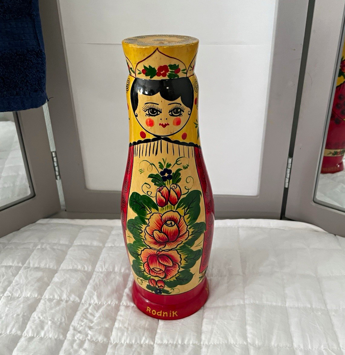 VTG 2000 Russian Wooden Hand Painted Bottle Holder Rodnik Vodka Matryoshka Doll