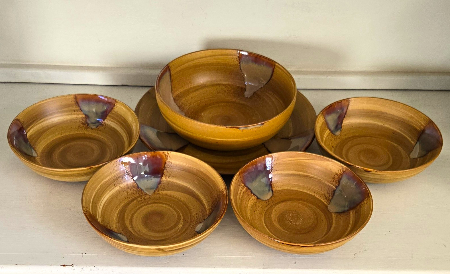 Sango Splash 4951 Brown Stoneware Bowls & Serving Platter Set of 6