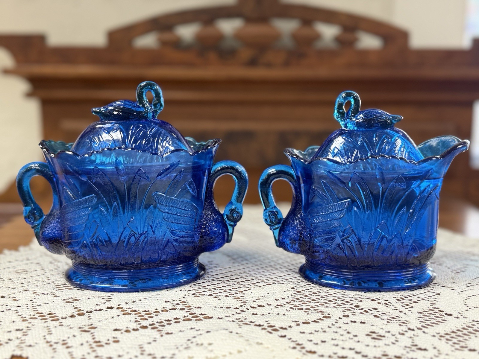 Westmoreland Bright Blue Glass Swan Covered Sugar Creamer Set, New Old Stock