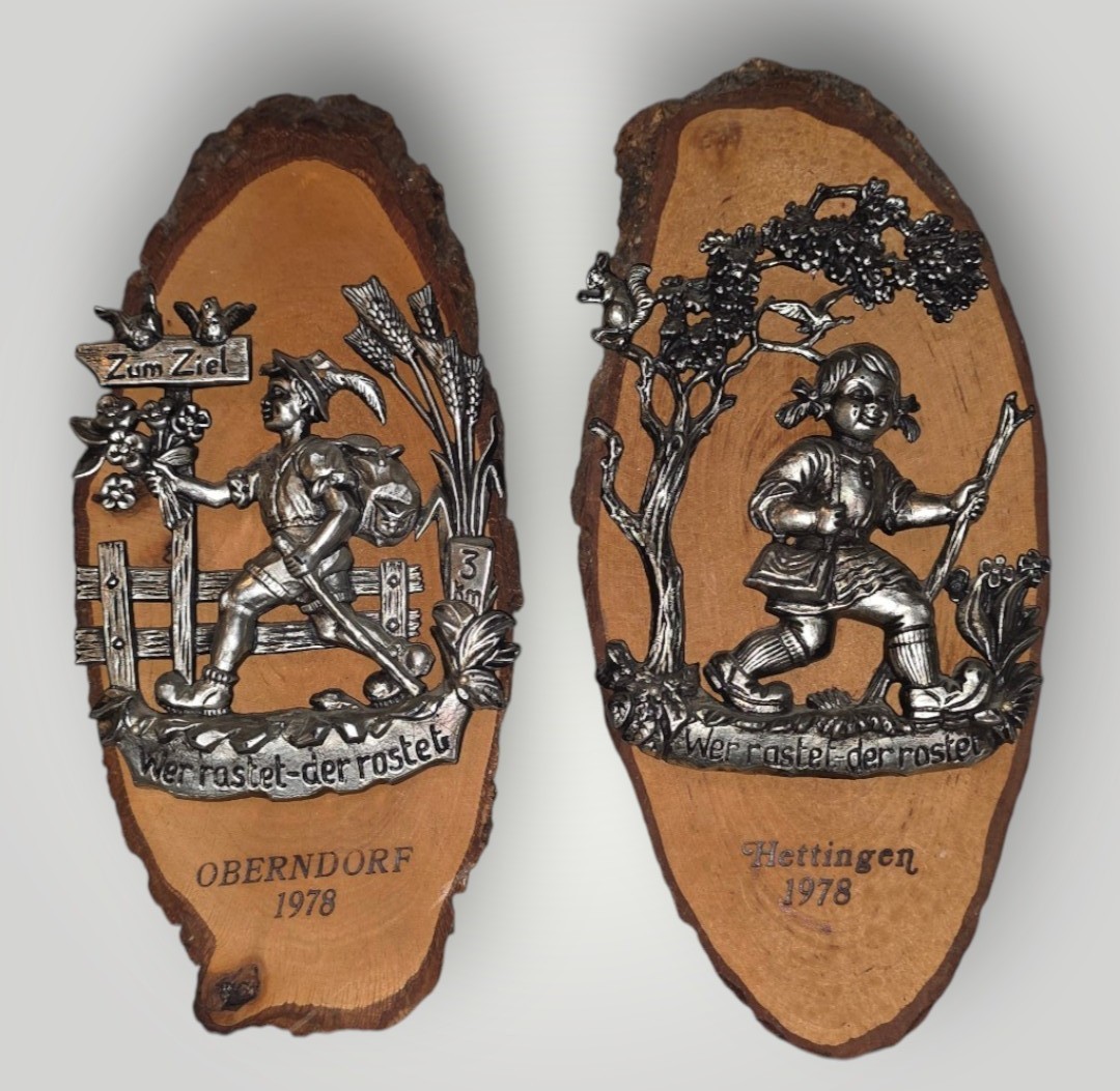 Vintage German Metal Wood Wall Plaques Oberndorf Hettingen 1978 Set of 2