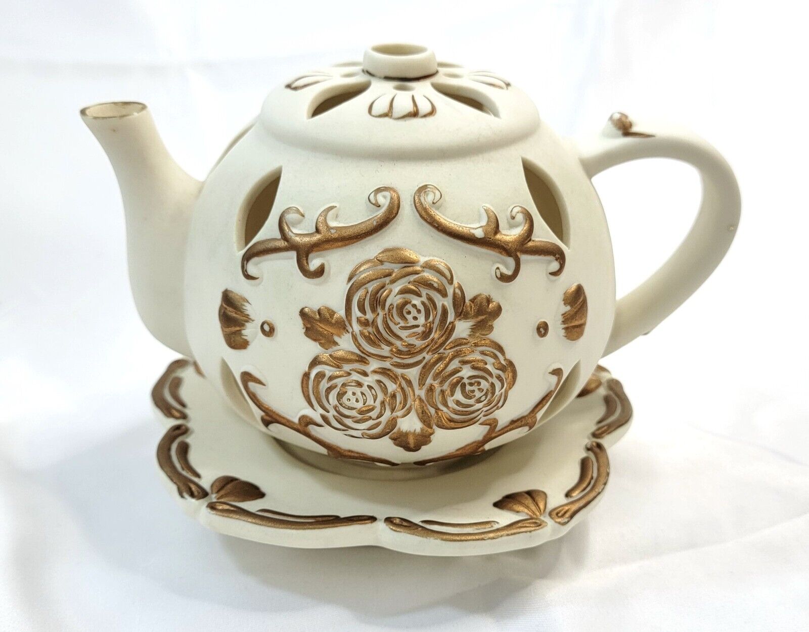PartyLite Bisque Ivory Gold Trim Teapot Saucer Tea Light Rose Peony Votive P7301