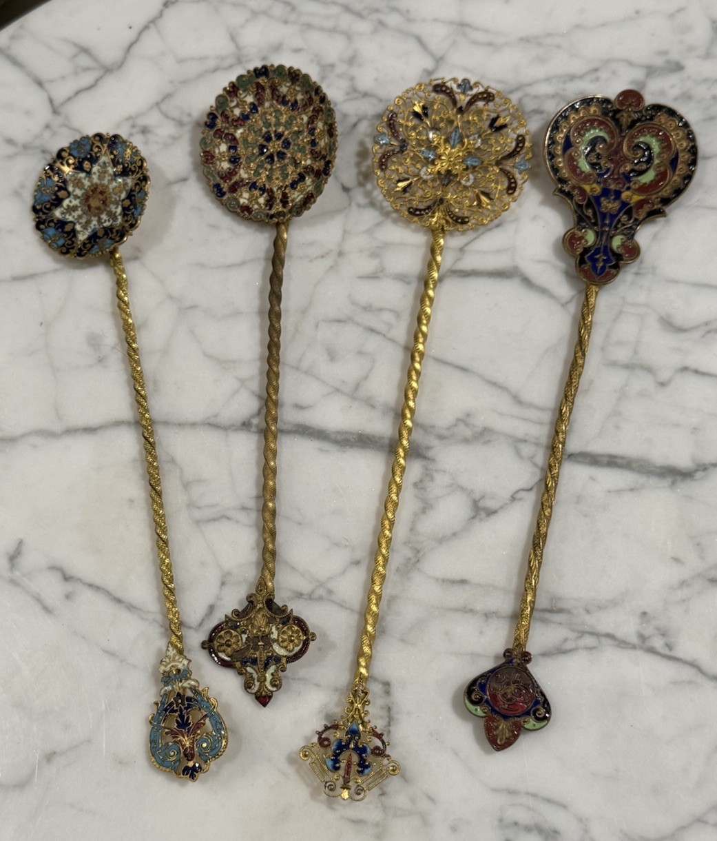 Set Of 4 Antique Gilt Metal & Cloisonné French Champlaye Enamel Spoons