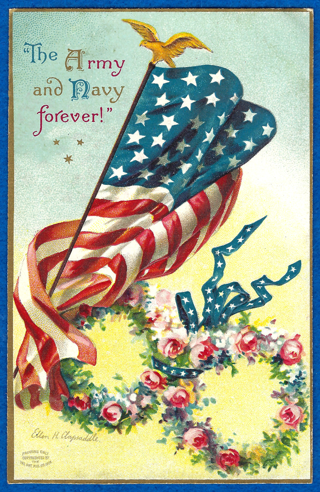 Clapsaddle Memorial Day Flag Army Navy Wreaths A/S PC Emb Vtg c1908 Near Mint