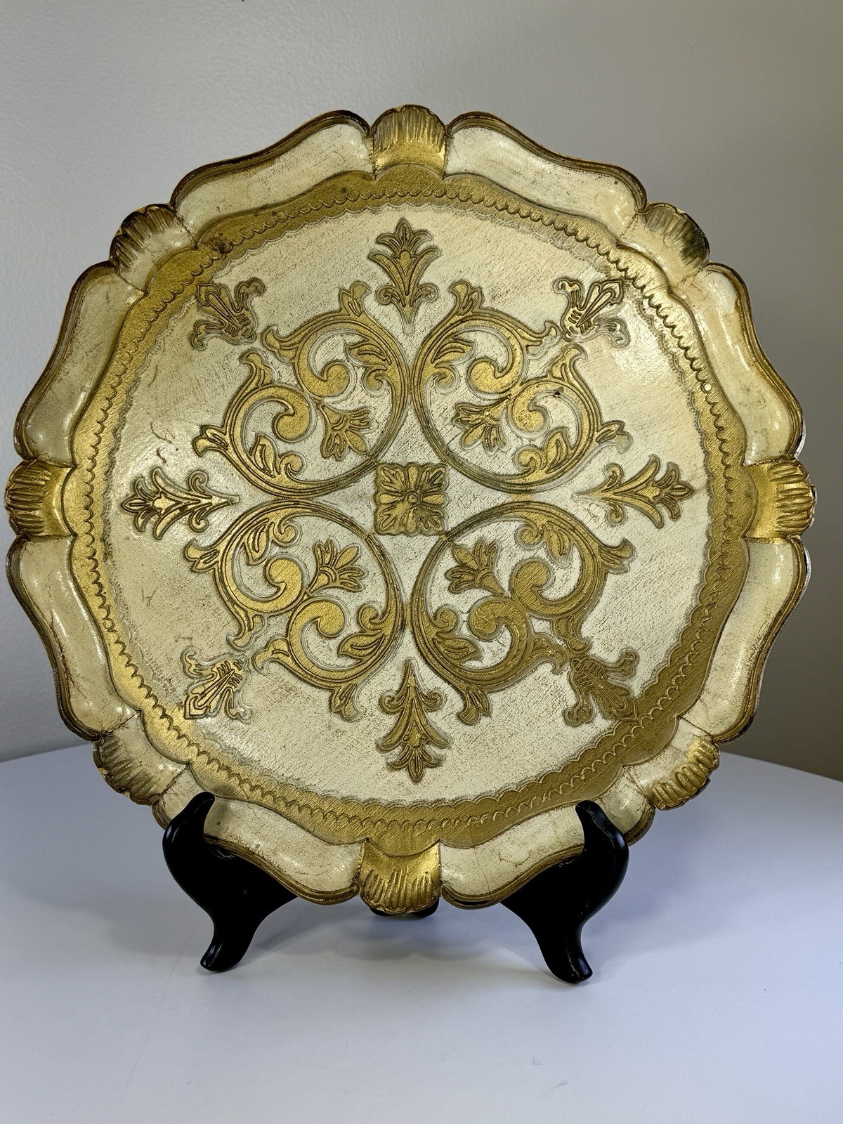 Vintage Florentine Italian Tole Tray White Gold Filigree Design 15 Inches