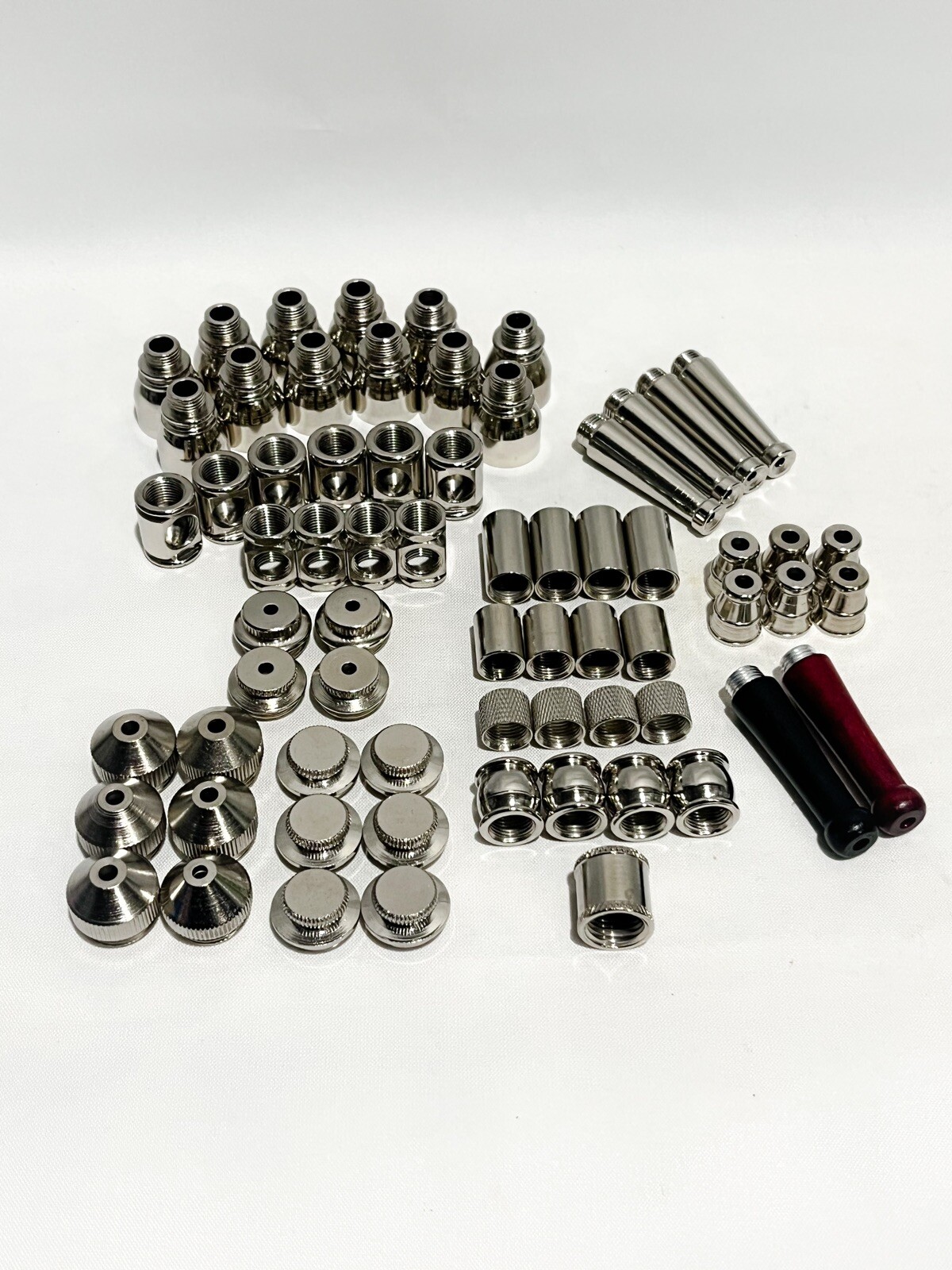 A Set Of 65 Pcs Metal Nickel Plated Parts And 2 Wooden Mouthpieces