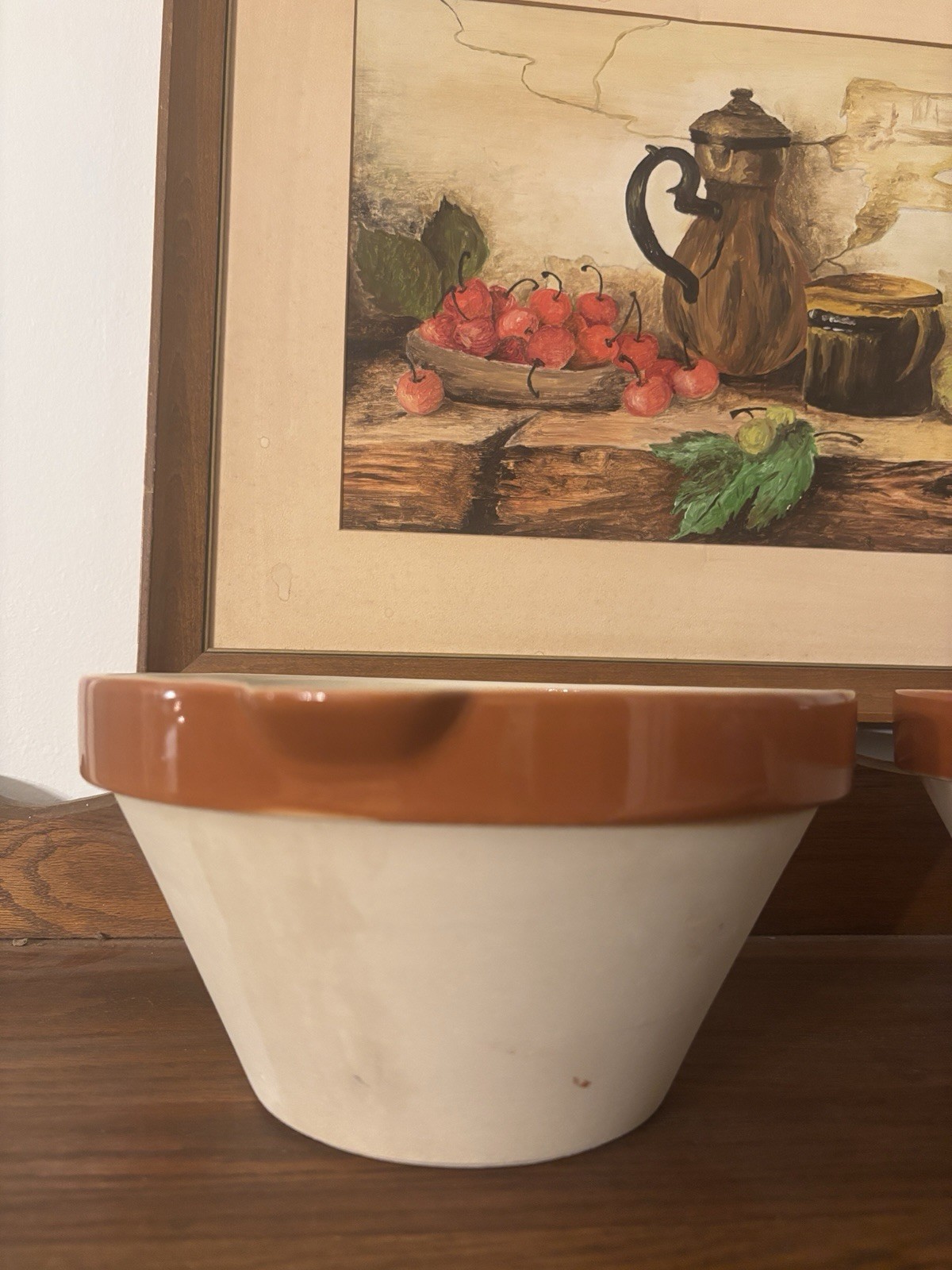 Vintage Stoneware Spouted Mixing Bowl French Digoin Style Brown Band 9.75”