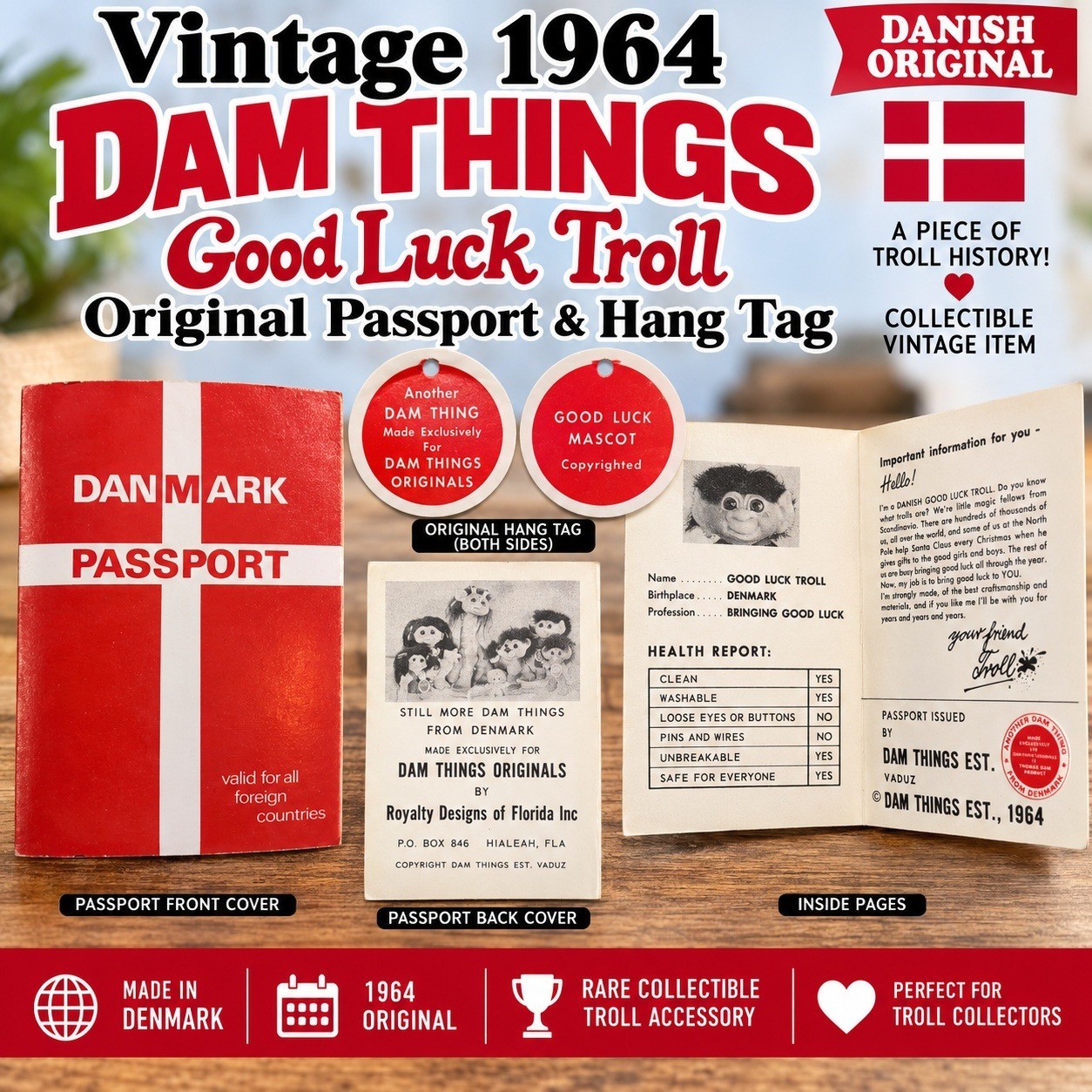Vintage 1964 Dam Things Good Luck Troll Original Passport and Hang Tag Denmark