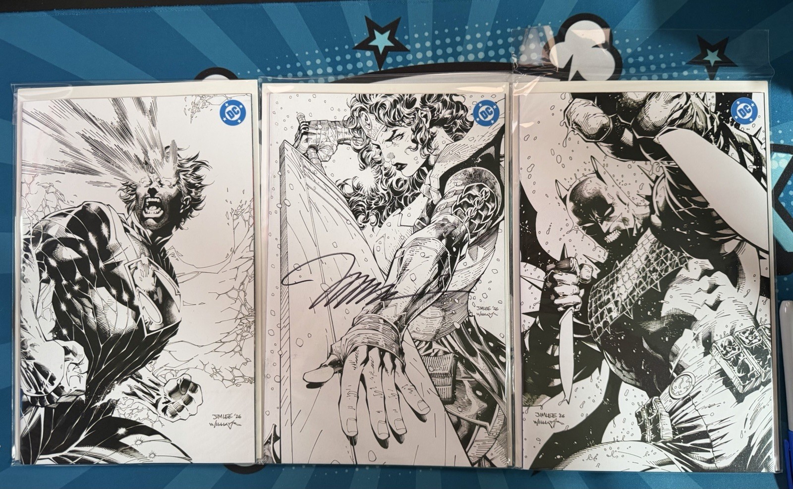 SDCC ‘26 Jim Lee Absolute Batman 22, Superman 21, WW 22 (signed) B/W Set