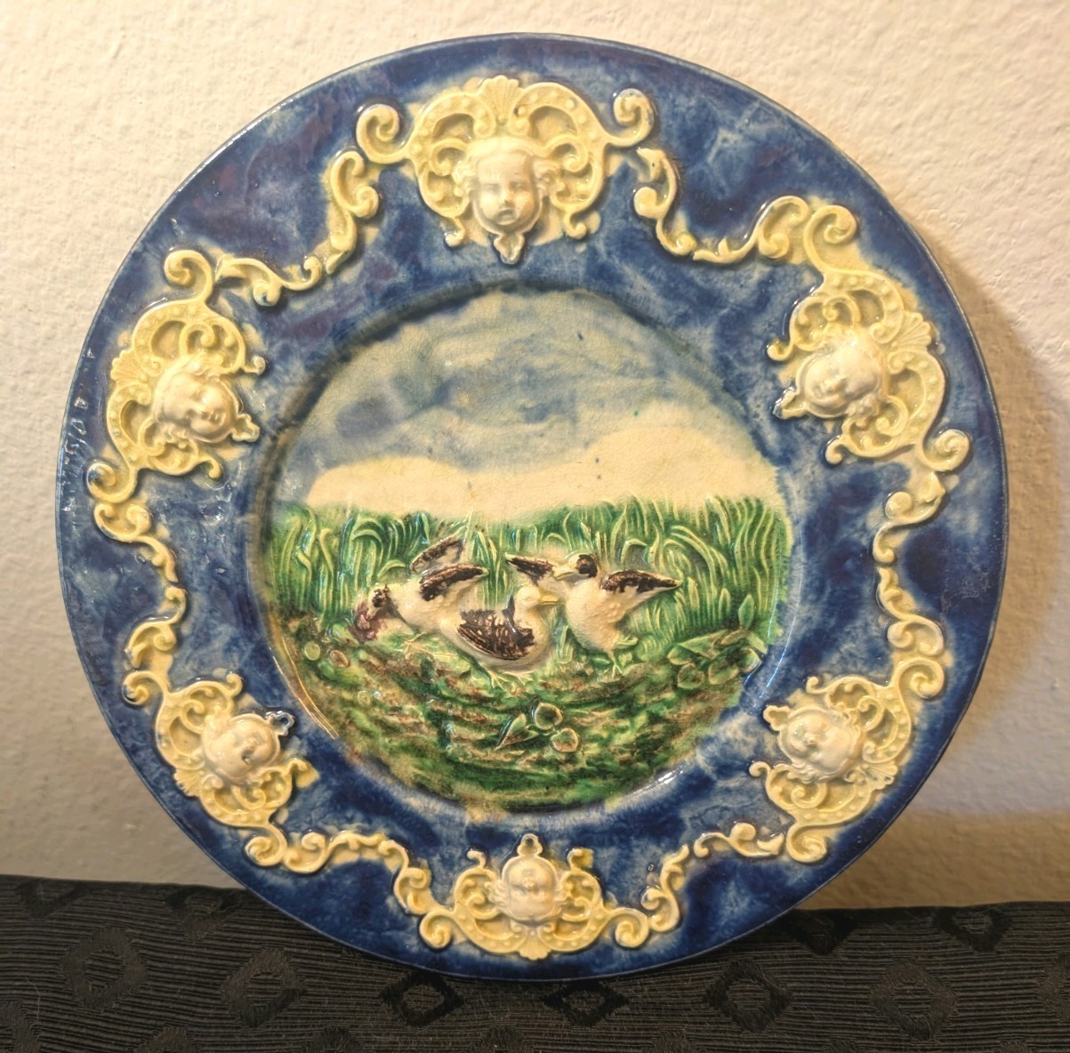 Antique Rare French Majolica Pottery Cherub accents/ Figural Wall Plaque