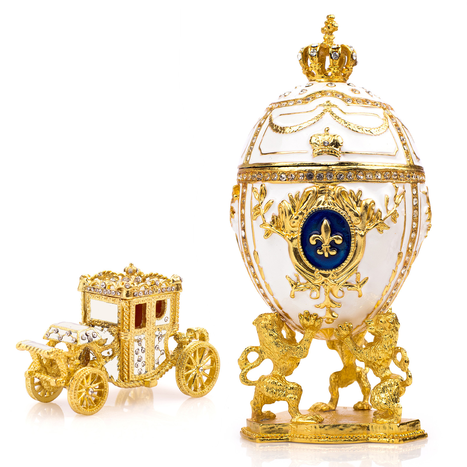 Royal Imperial White Russian Faberge Egg Replica : 6.6 inch + White Carriage