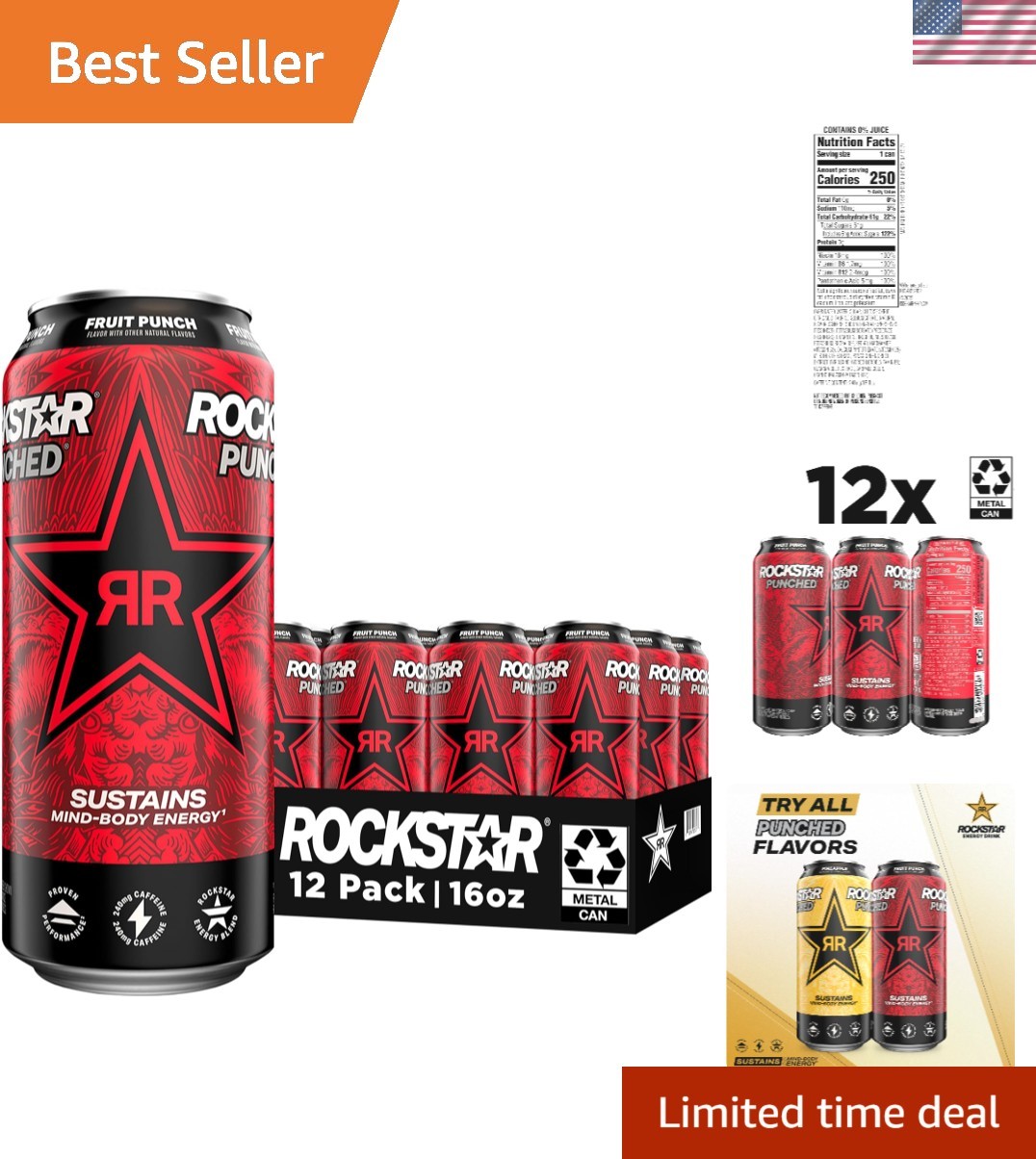 Rockstar Punched Energy Drink, Fruit Punch, 16 Fl Oz Pack of 12 Packaging May...