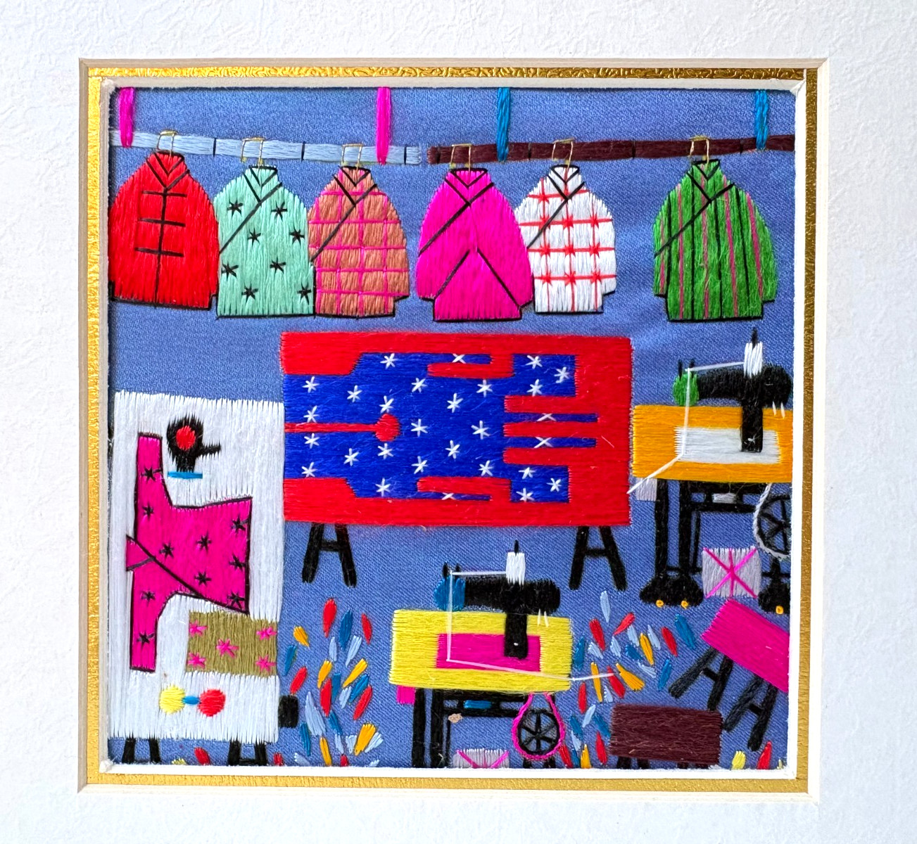 Vintage Chinese \'Peasant Painting\' Silk Embroidered Sewing Room Scene 7\ Vintage Chinese \'Peasant Painting\' Silk Embroidered Sewing Room Scene 7\