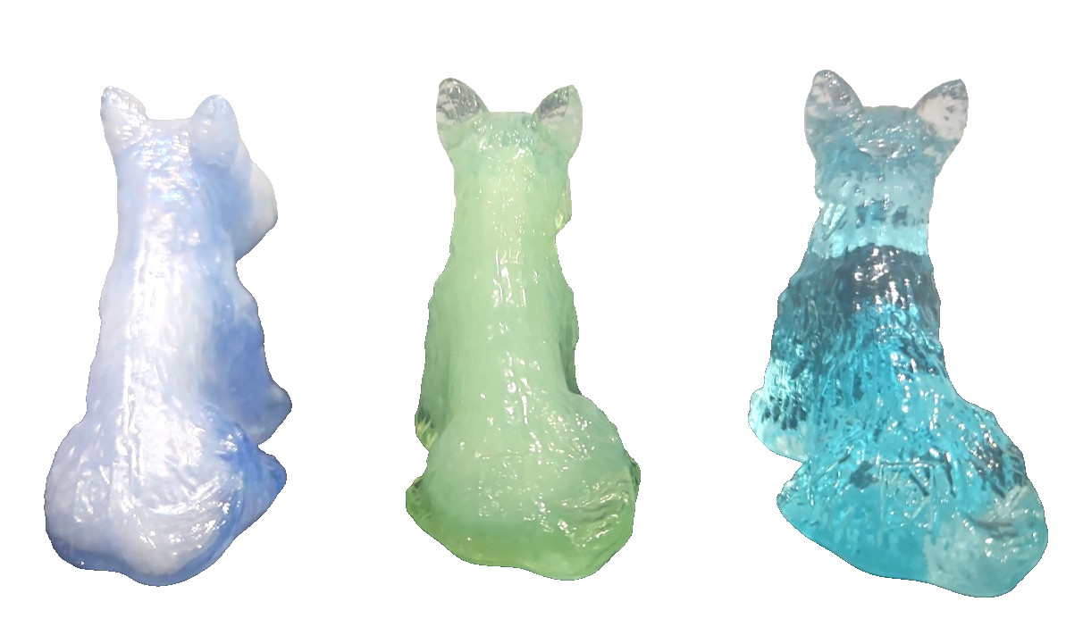 Three Vintage Boyd Art Glass Duke The Scottie Dogs Blue, Green & Sky Blue Slag