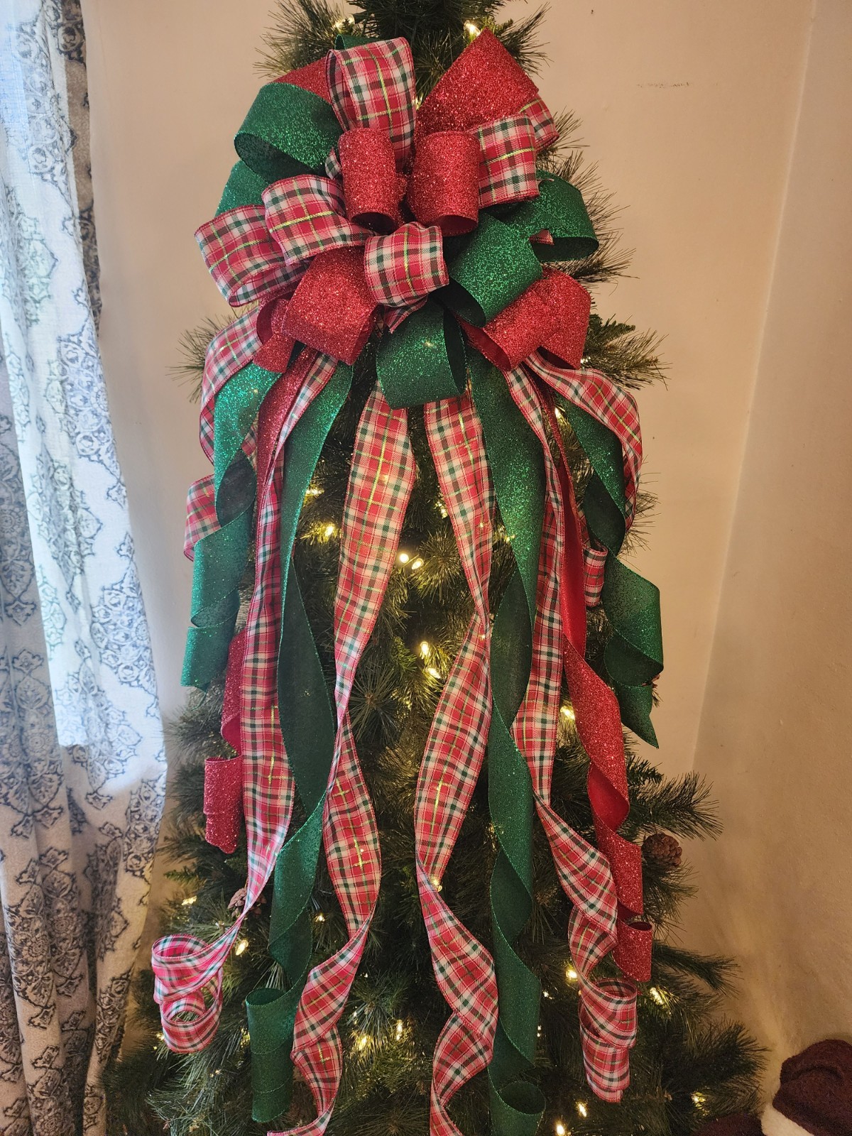 The Matilda Red and Green Christmas Tree Topper Bow, Plaid Xmas Ribbon Topper