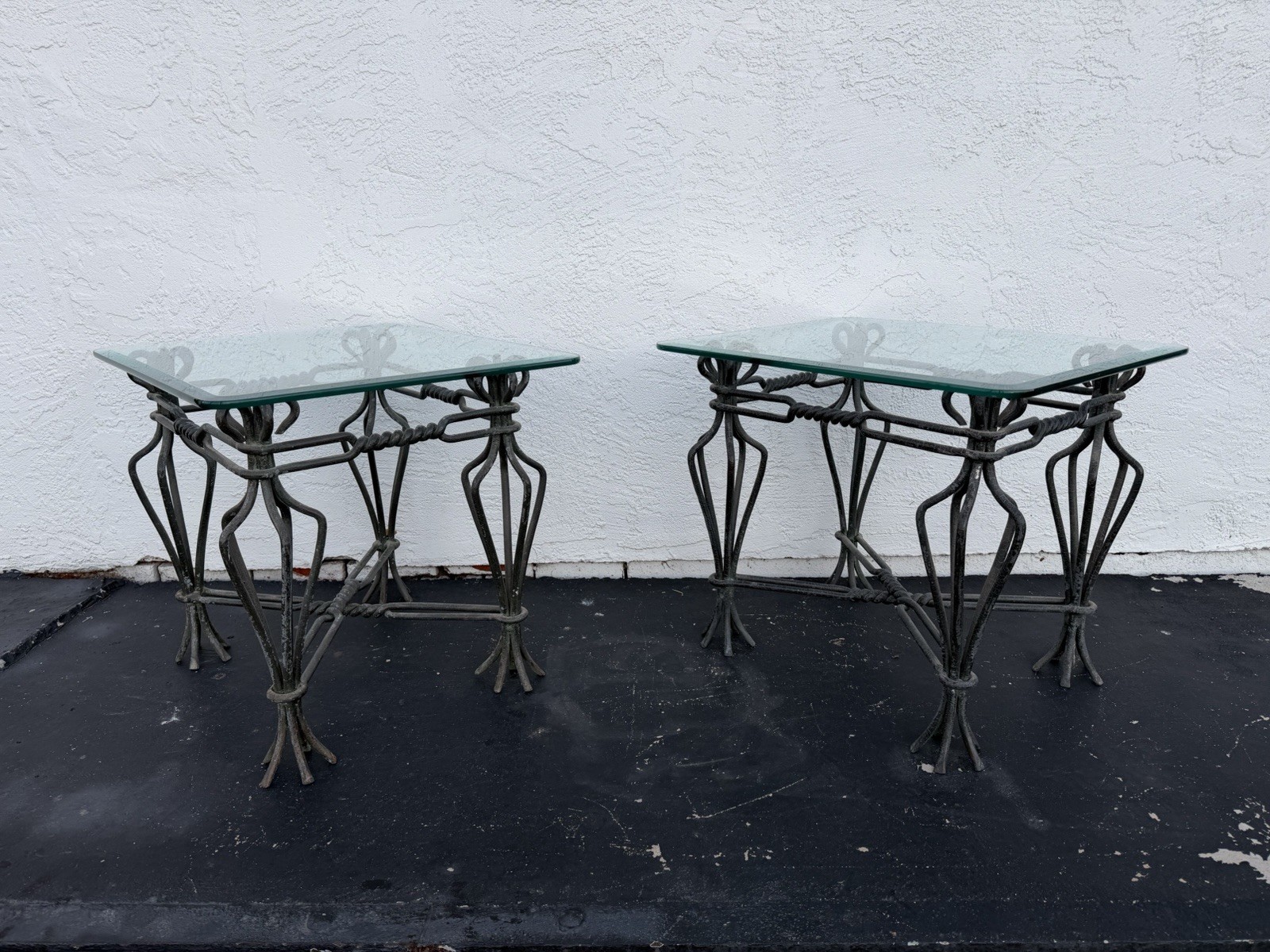 Vintage Pueblo Italian Heavy Solid Handmade Iron Glass Top End Tables.