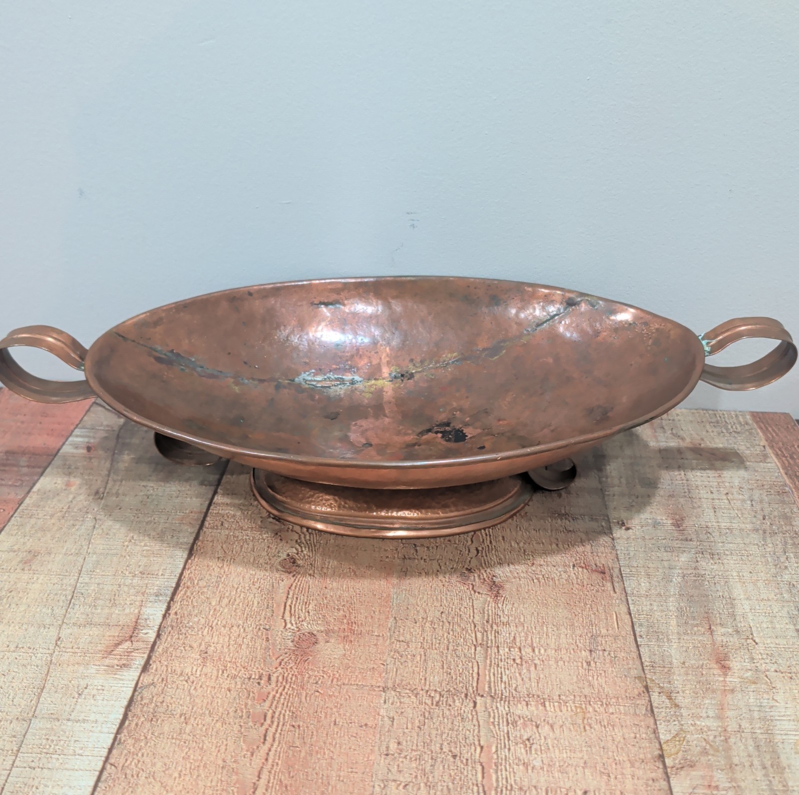 Antique Hand Hammered Copper Oval Footed Bowl w/ Scroll Handles 20.5