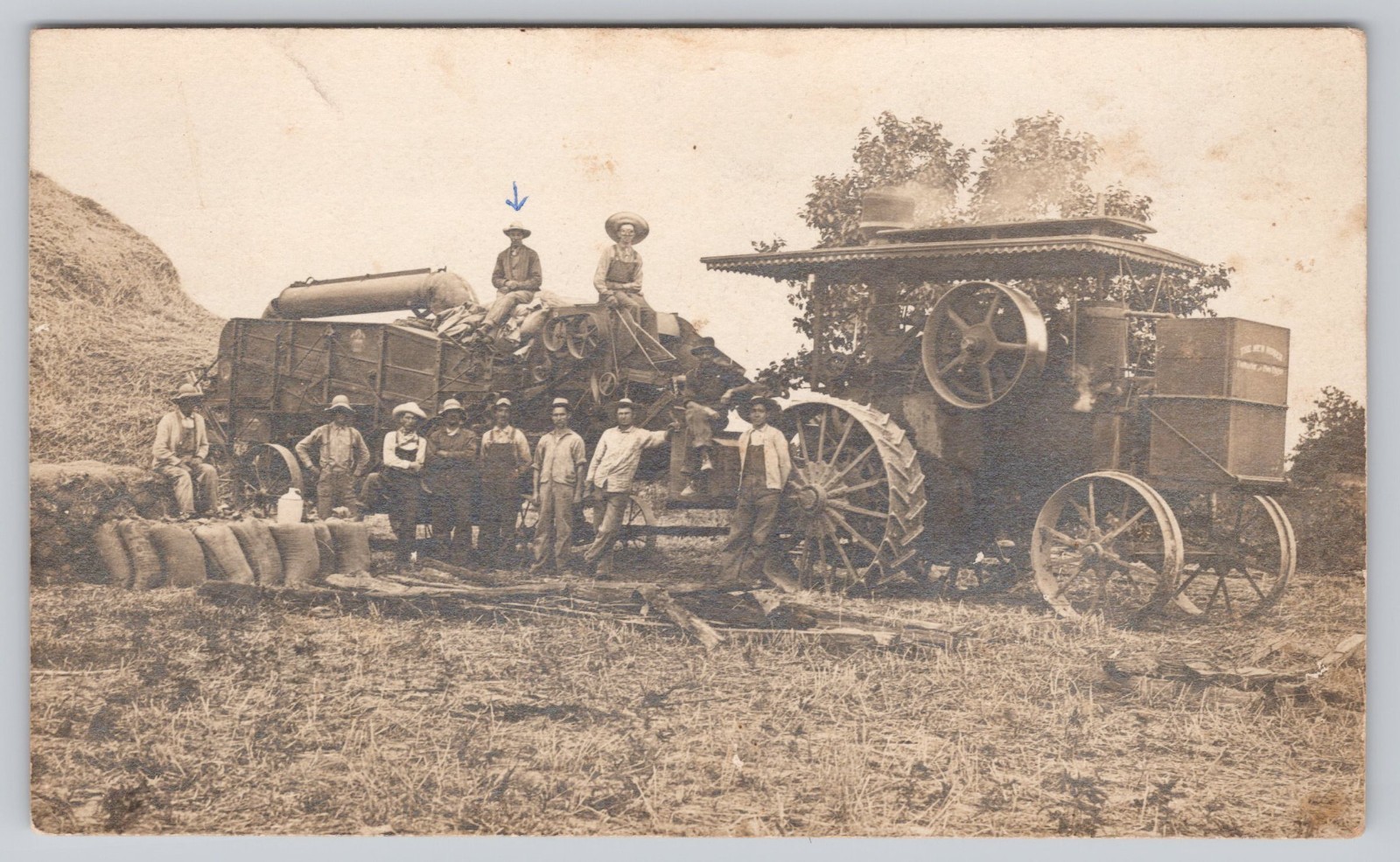RPPC Steam Threshing Machine Farm Crew Agricultural Tractor Real Photo Postcard