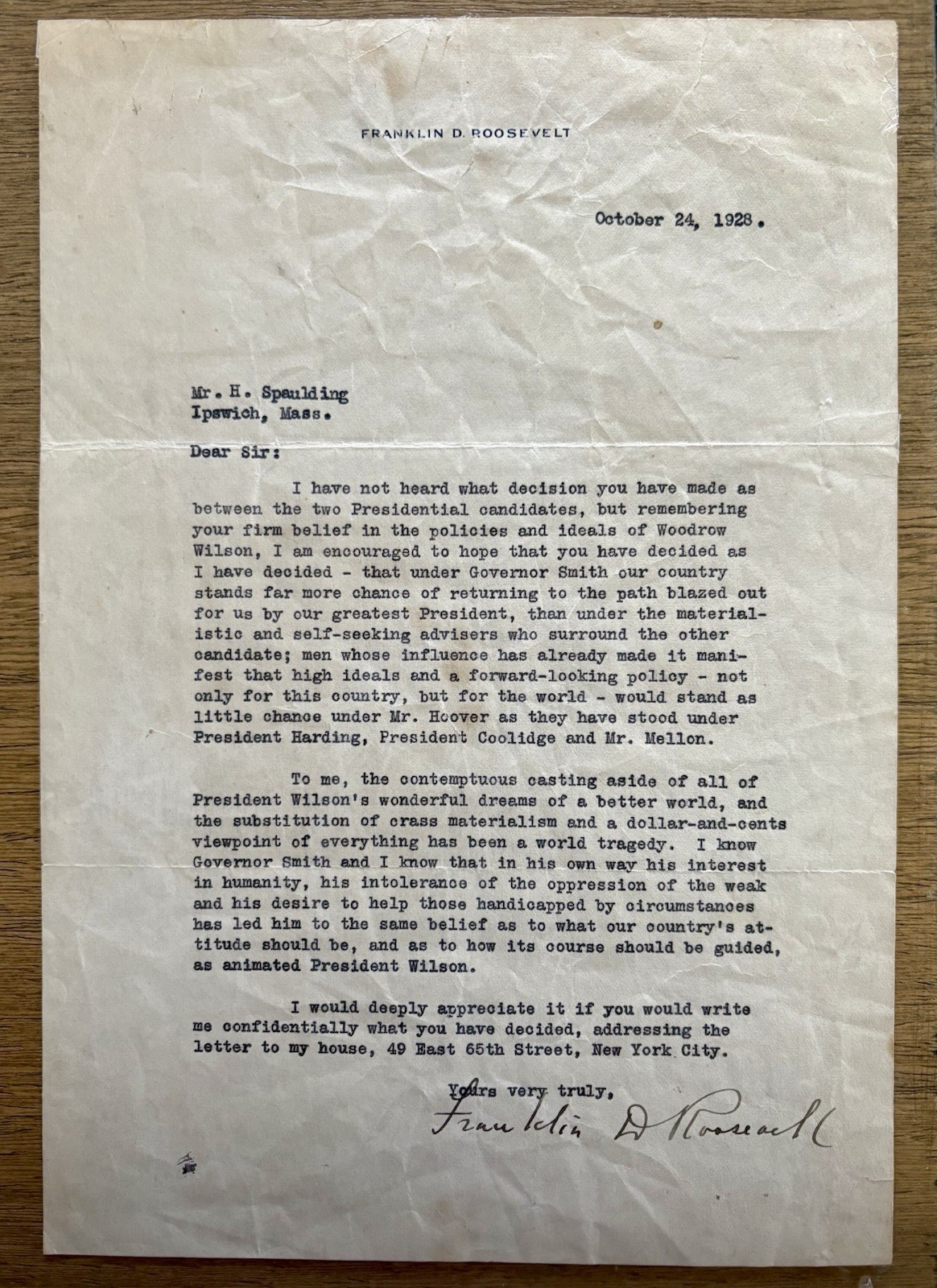 Franklin Delano Roosevelt 1928 election letter superb content on Al Smith