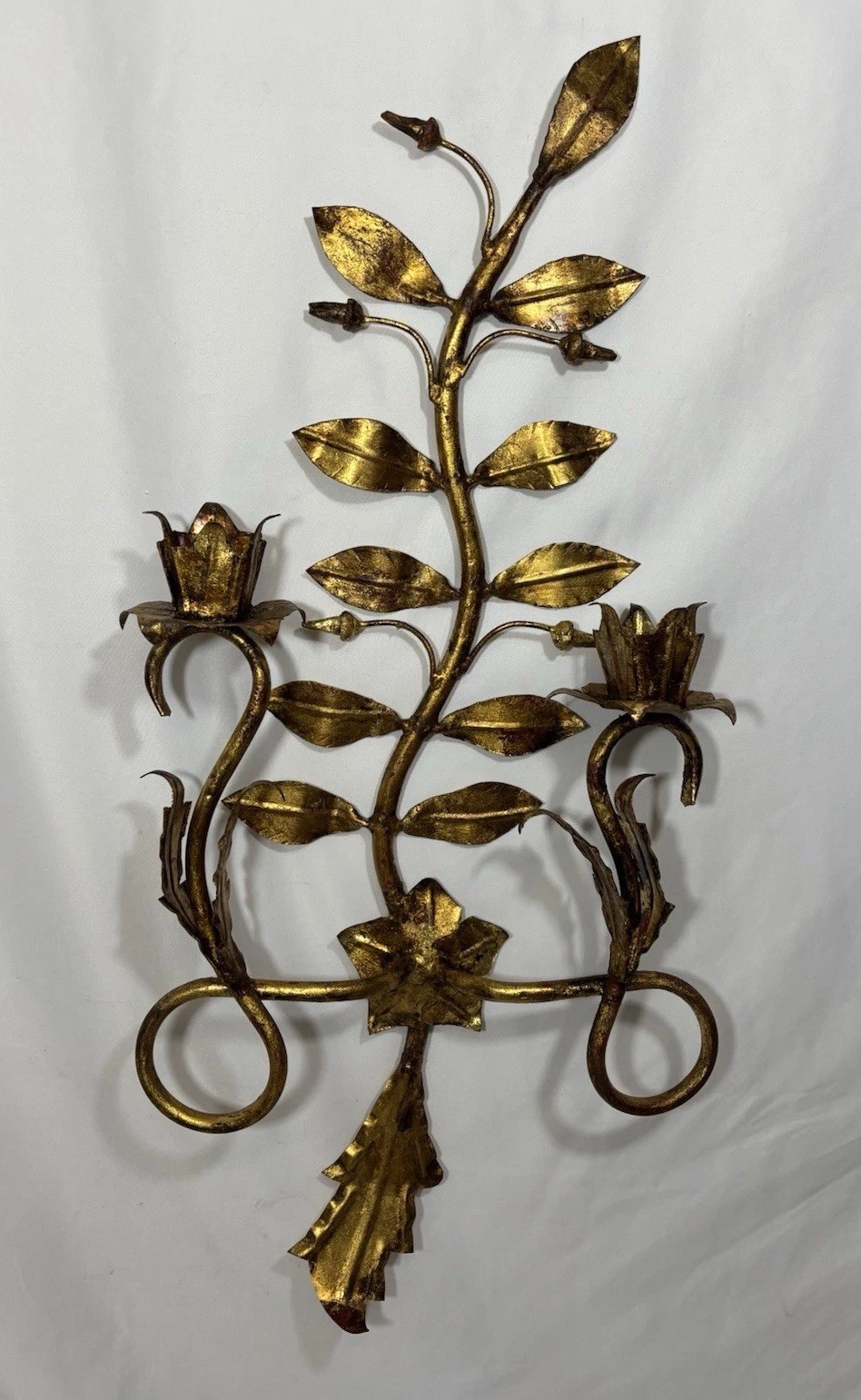 Vintage Italian Style Gold Gilt Iron Toleware Candle Wall Sconce 2 Arm 27.25\
