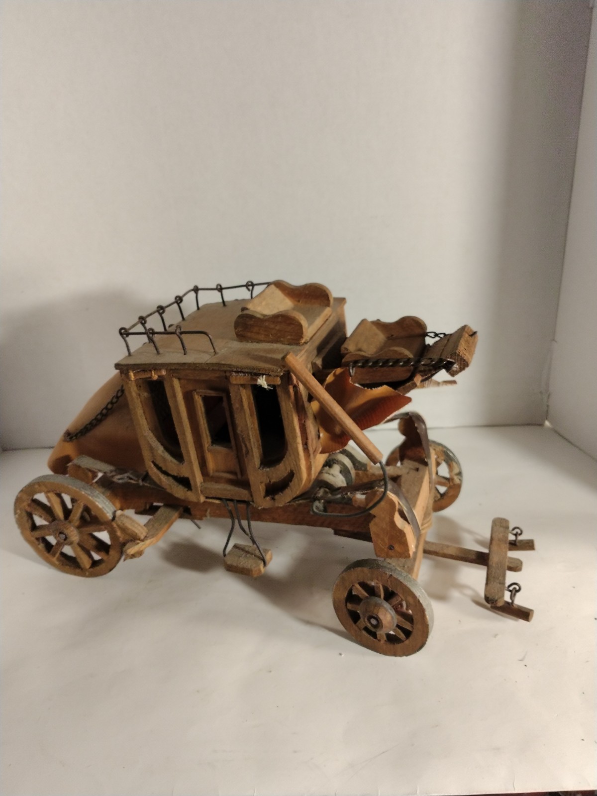 Vintage Folk Art Handmade Floating Wooden & Leather Stage Coach Wagon