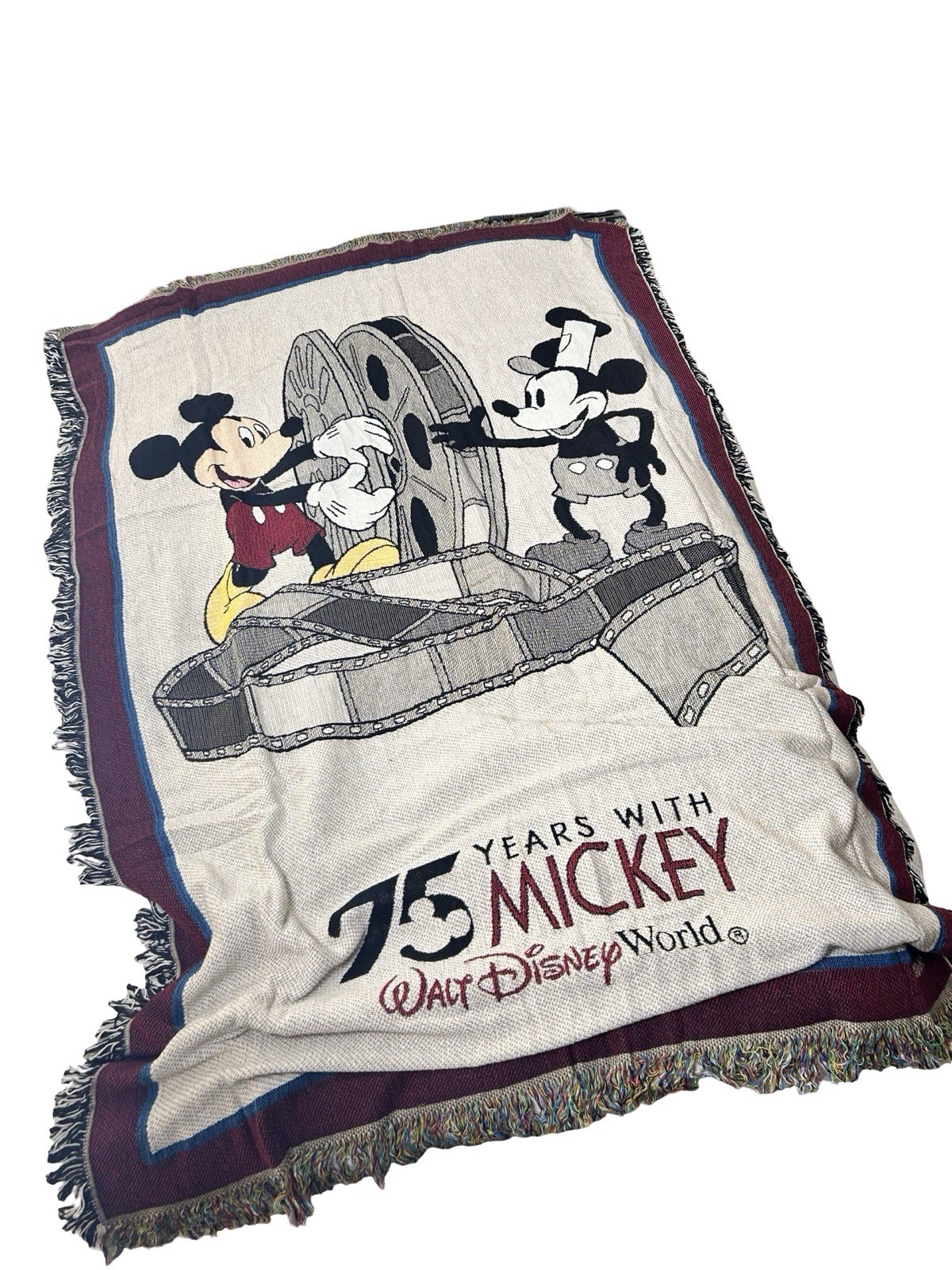 VTG Disney 75 Years Mickey Blanket Throw 67” x 46” Fringed Made USA New Open Box