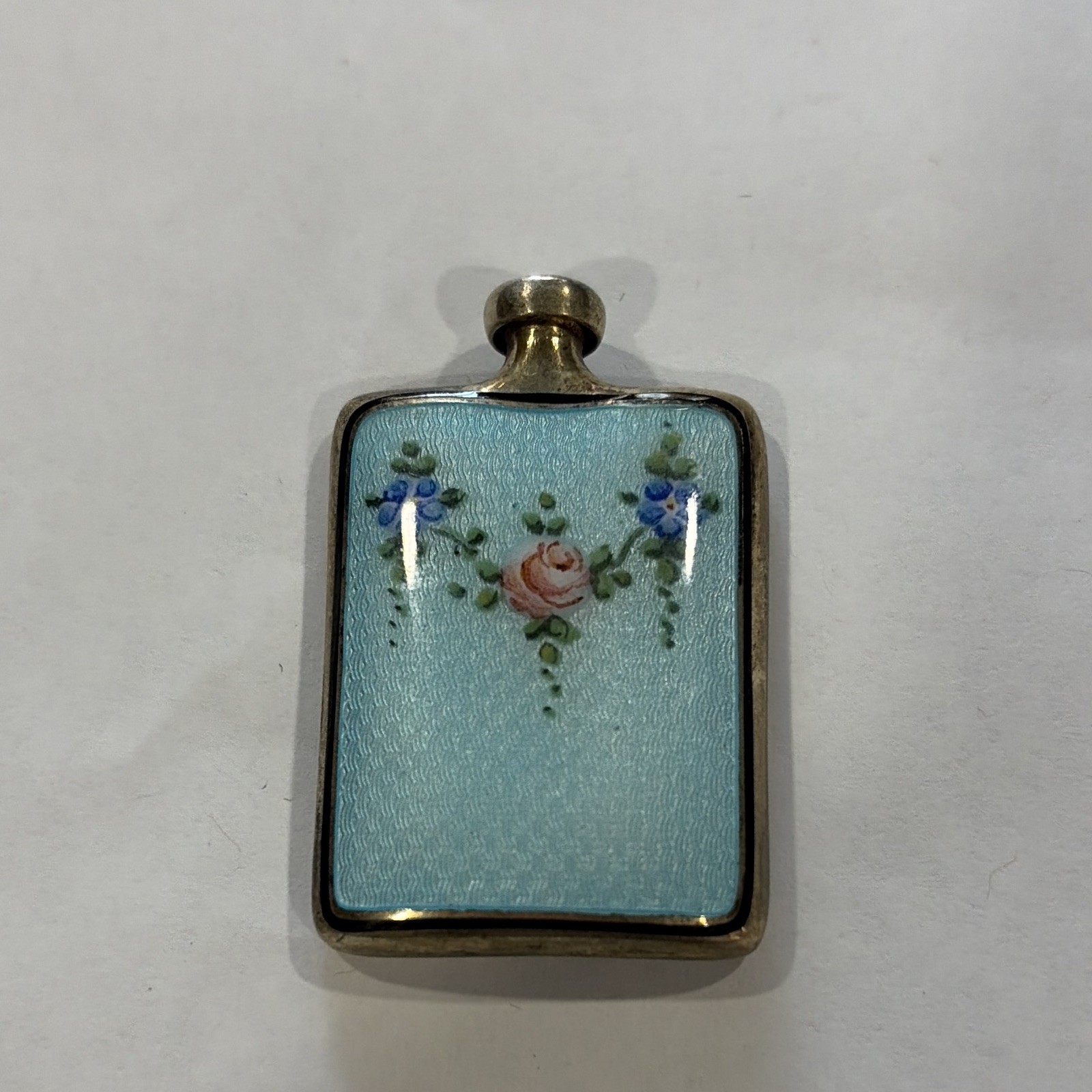 Antique Sterling Silver Sky Blue Guilloche Enamel Perfume Bottle Flask Rose