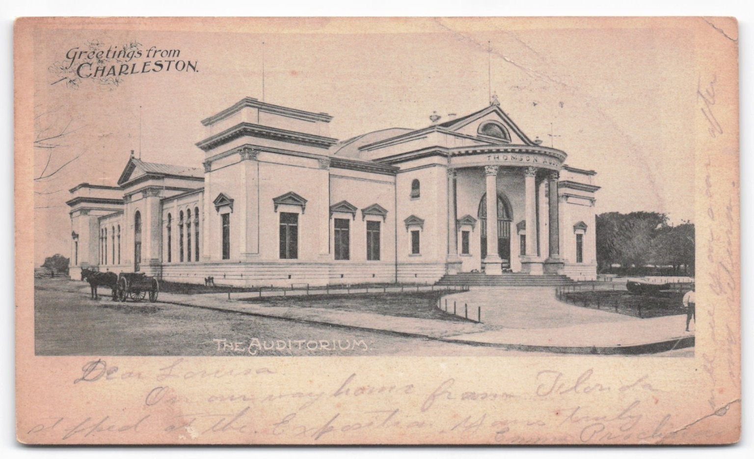 VTG Charleston SC Thomson Auditorium Horse Carriages Antique Postcard 1907 VTG Charleston SC Thomson Auditorium Horse Carriages Antique Postcard 1907