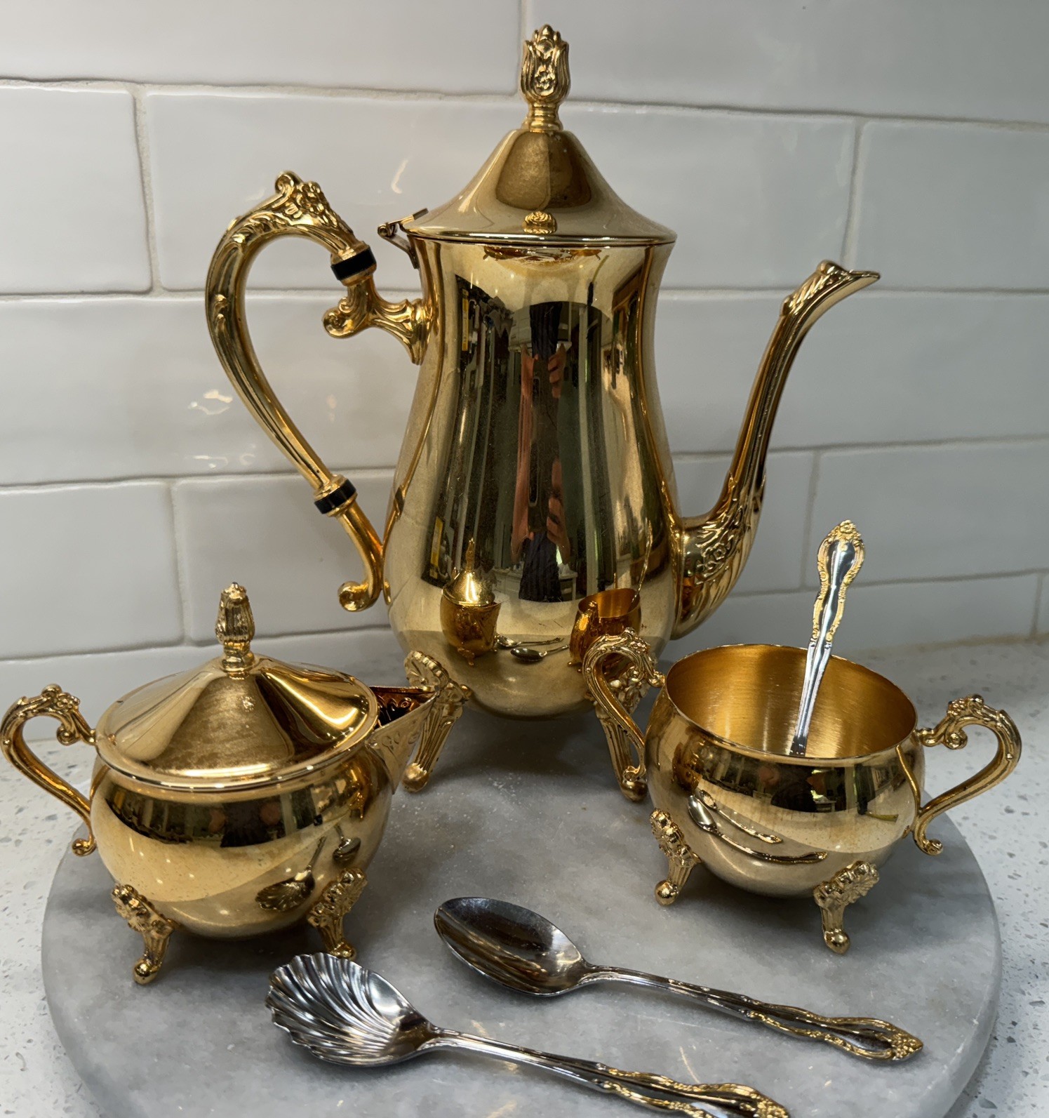 Vintage International 24kt Gold Plated Coffee/Tea Pot, Creamer, Sugar w/ Spoons