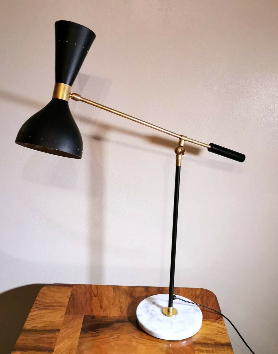 1920's Century Italian Stilnovo Table Lamp Adjustable Glossy Black W Marble Base