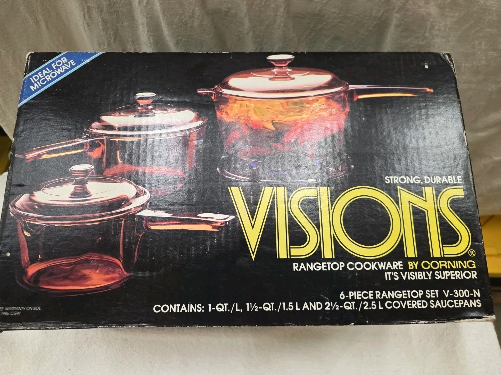 VINTAGE 1986 SEALED VISIONS 6 PIECE RANGETOP COOKWARE SAUCEPAN SET V-300-N
