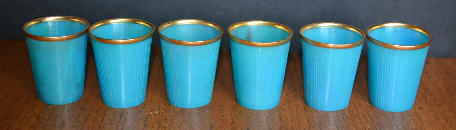 VTG Celluloid Shot Glasses (6) #541 Turquoise MCM HONG KONG Retro VTG Celluloid Shot Glasses (6) #541 Turquoise MCM HONG KONG Retro